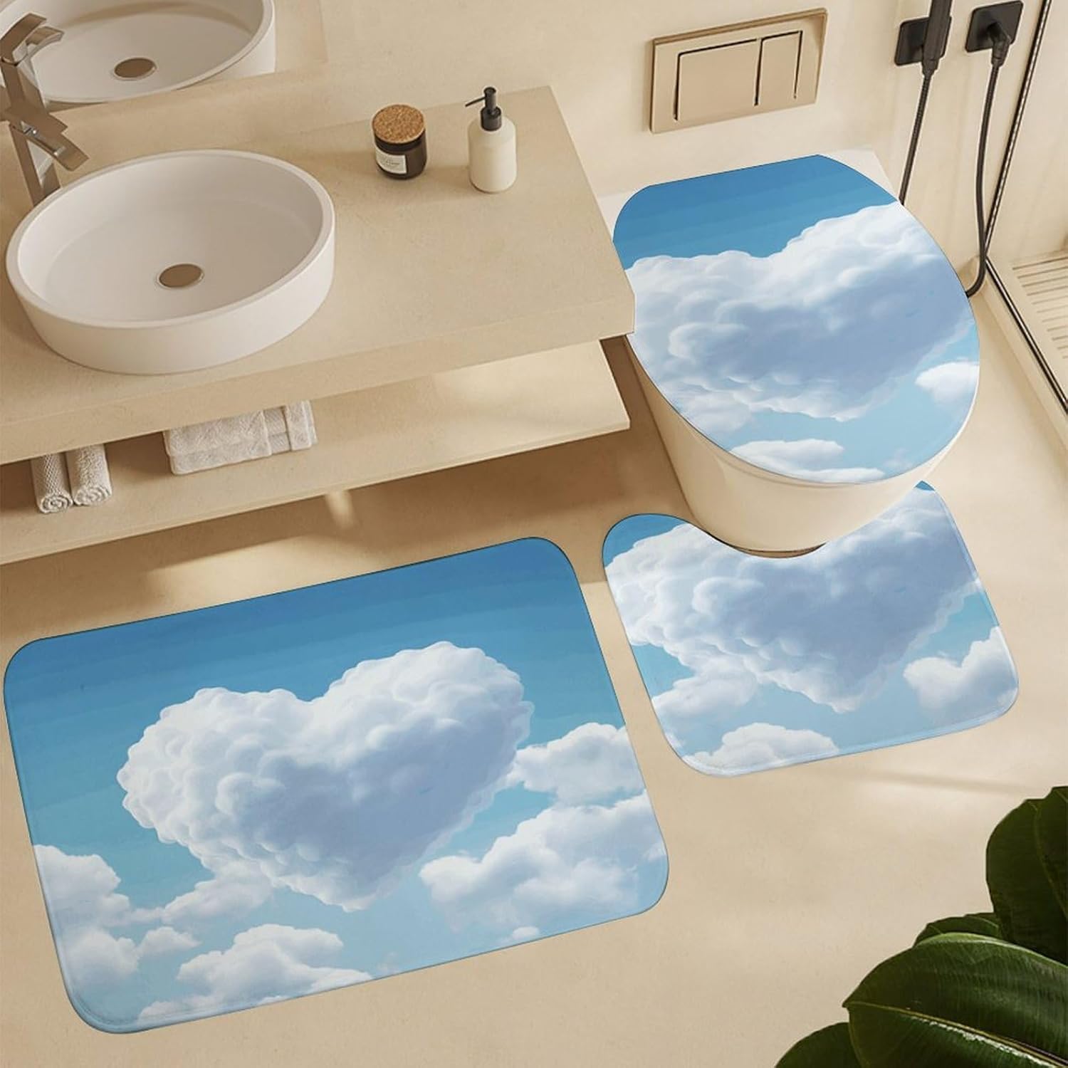 Floating in The Sky 4Pcs Shower Curtain Set with Non-Slip Rugs, Toilet Lid Cover and Bath Mat,Bathroom Set Decor Accessories,Curtain Set with 12 Hooks, 72 X 72 Inch
