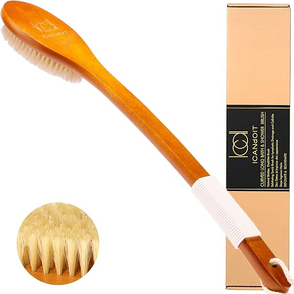 ICANdOIT-17.71 pulgadas, cepillo de baño de mango curvo antideslizante con cerdas naturales de jabalí, exfoliante para ducha, cepillo de espalda, todo tipo de piel