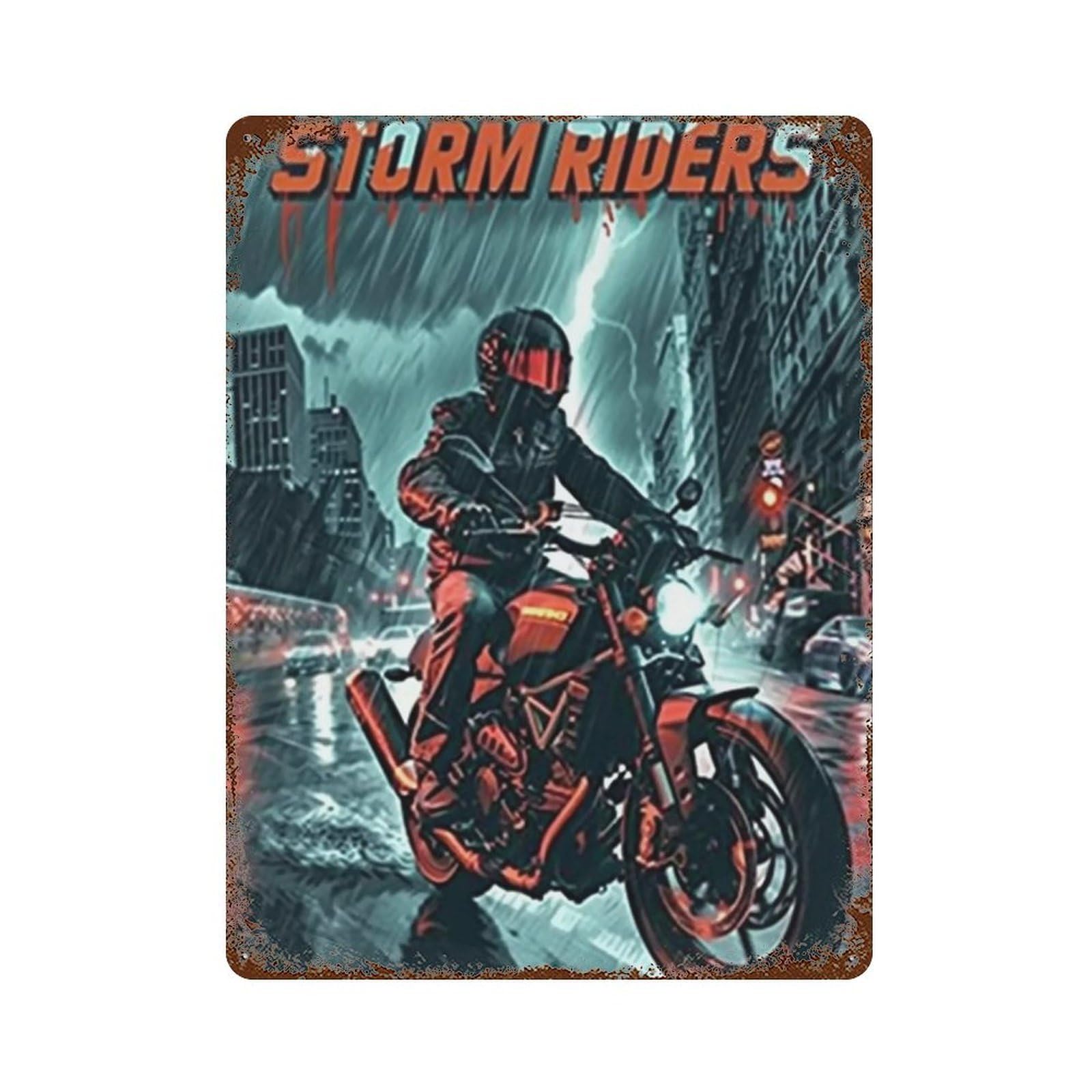 YHGERTKU Storm Riders Rainy City Lightning Biker 01 Wall Art Retro Iron Vintage Metal Tin Sign Poster Modern Decor for Living Rooms Gift 40x30cm