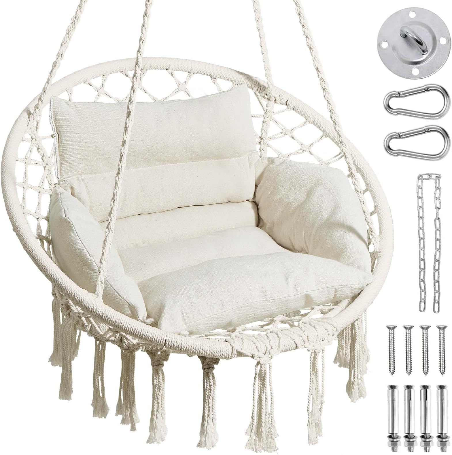 GREENSTELL Hammock Chair,Max 330 Lbs Macrame Swing W/ Cushion and Hanging Hardware Kits,Hanging Cotton Rope Swing Chair, Comfortable Hanging Chairs for Indoor, Outdoor, Home, Patio, Yard (Beige)
