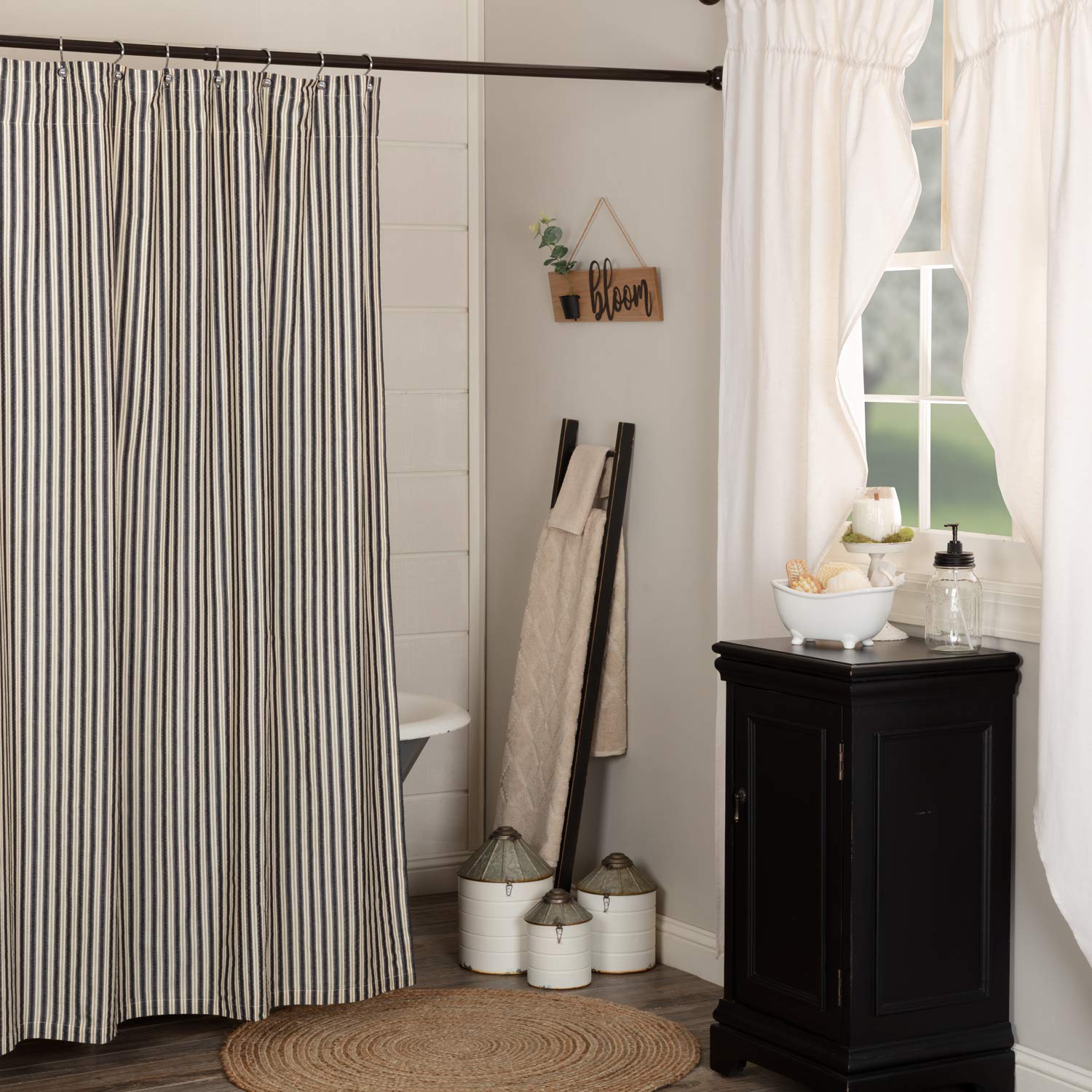 VHC Brands Ashmont Fabric Shower Curtain, 100% Cotton Farmhouse Bath Accent, Ticking Stripe Pattern