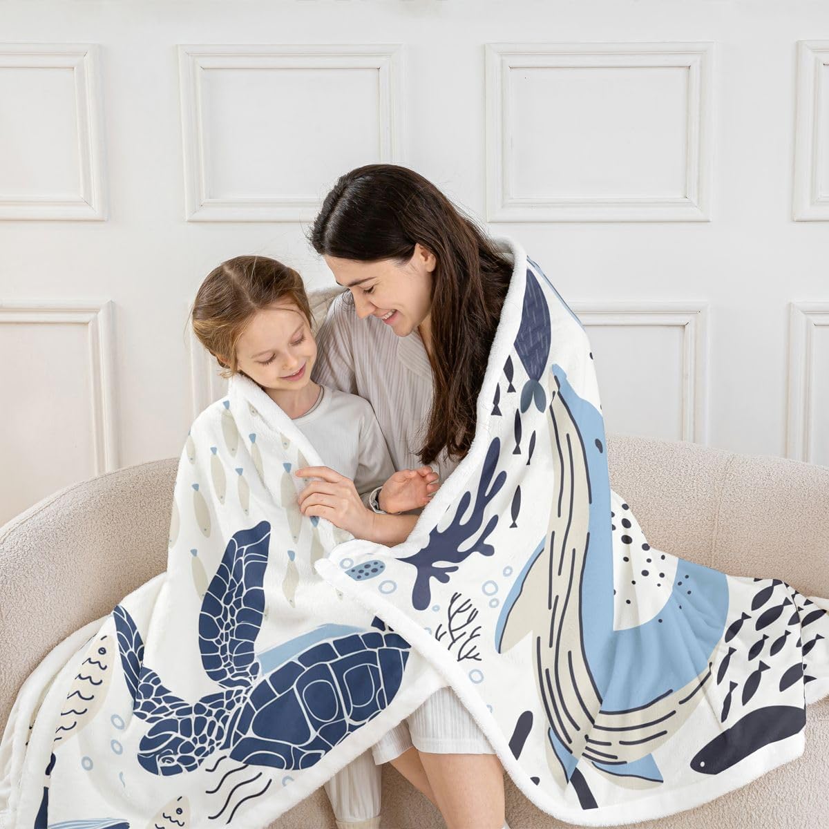 Erosebridal Turtle Blanket White Blue Whale Decor Teen Fleece Blanket,Octopus Pattern Ocean Theme Sherpa Throw Blanket Underwater Children Bedroom Decor Soft Plush Blanket, Twin 60"x80"