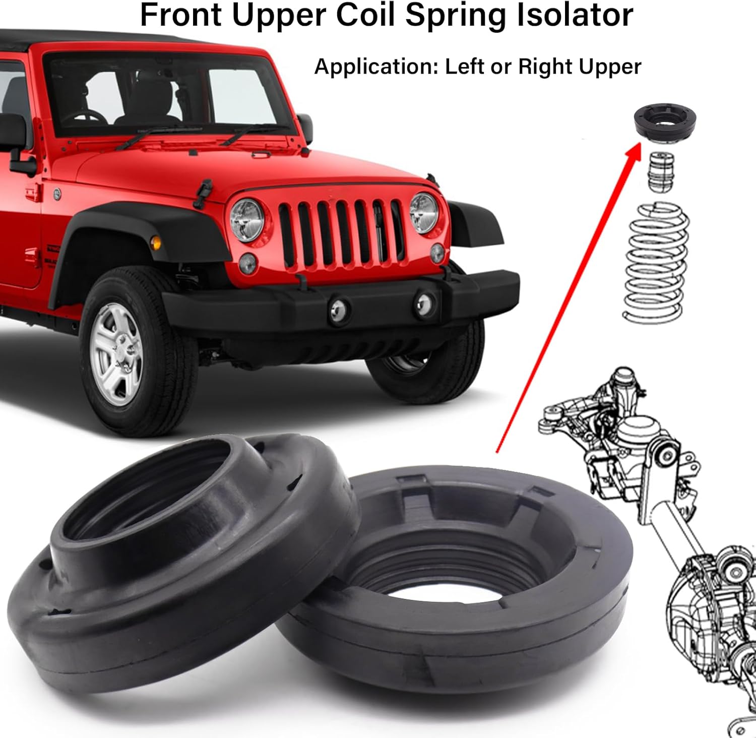 Front Coil Spring Insulators, Front Upper Coil Spring Isolators Compatible with 2007-2018 Jeep Wrangler JK JKU, Rubber Insulators, Stock Height, 2 Pcs