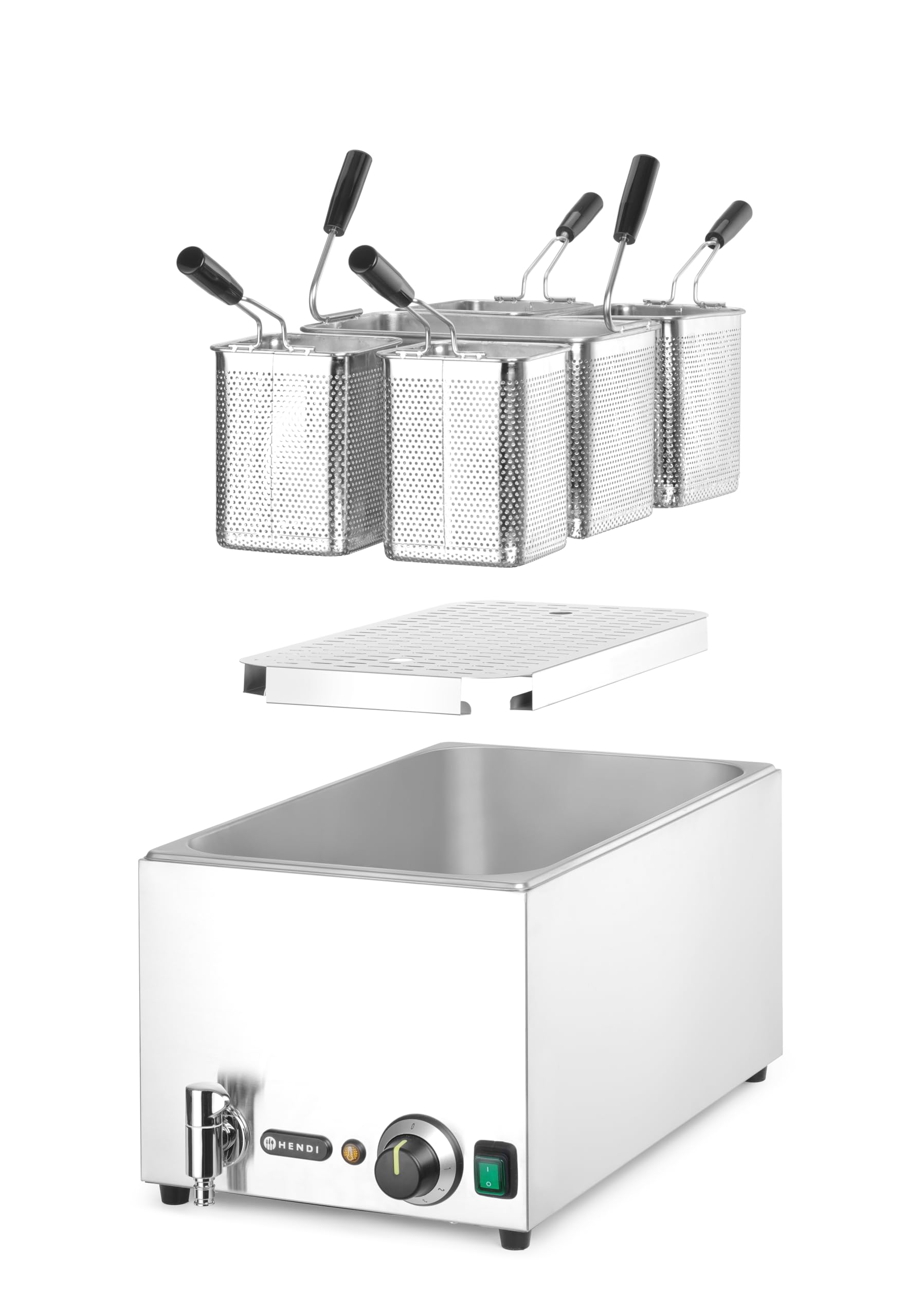 HENDI Cuocipasta Professionale 25 L con 5 Cestelli, Termostato 45–110°C, Rubinetto di Scarico con Blocco Meccanico, 230V/3500 W, 601x326x(H)279mm, Acciaio Inossidabile
