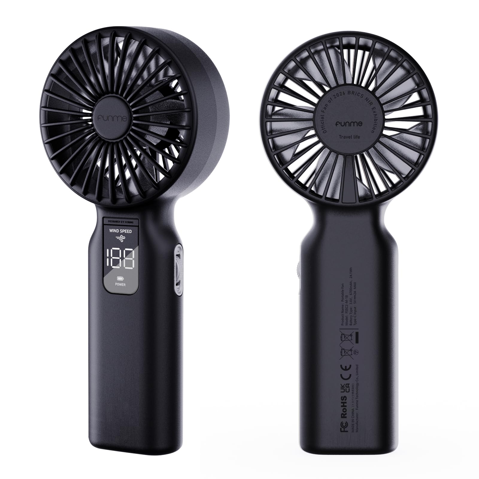 Funme Handheld Fan, 100-Speed & 7m/s Storm Mode Control Portable Fan with 6700mAh Rechargeable Battery 42H Runtime, Quiet Mini Fan with LED Display for Travel Outdoor Camping Office Home, Black