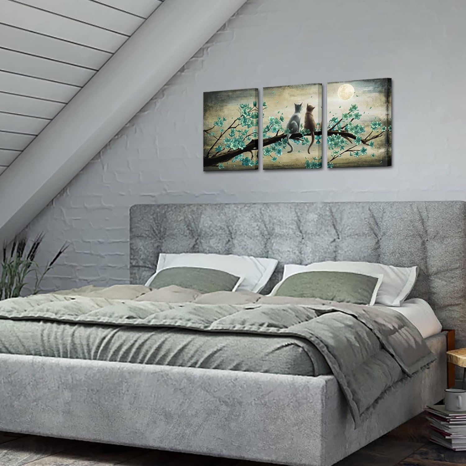 KREATIVE ARTS Vintage Canvas Wall Art Animal Resting 2 Cats Look at The Moon 12x16inch Wall Pictures Giclee bathroom Wall Decor on Canvas Stretched Artwork