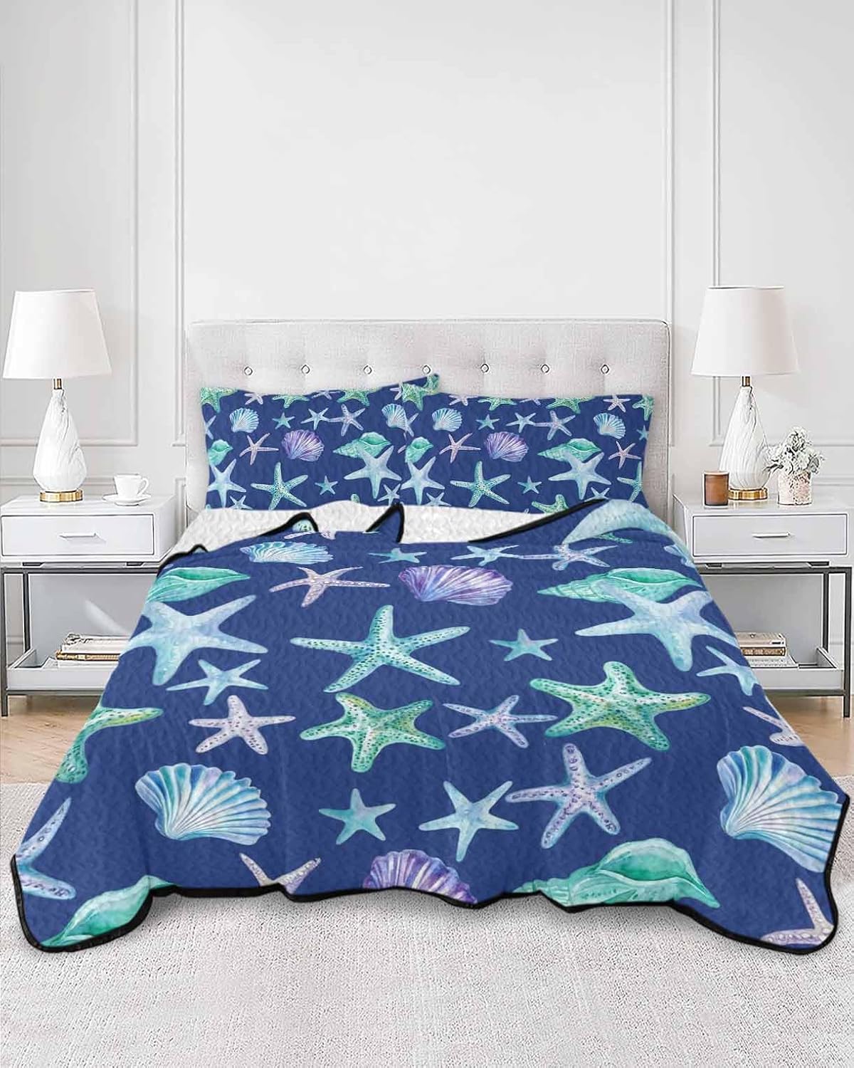 King Size Quilt Set, Summer Starfish Shell Conch Lightweight Bedspread Coverlet Set Soft Microfiber Summer Quilt with 2 Pillow Shams, Marine Creature on Blue 3 Piece Comforter Bedding Set