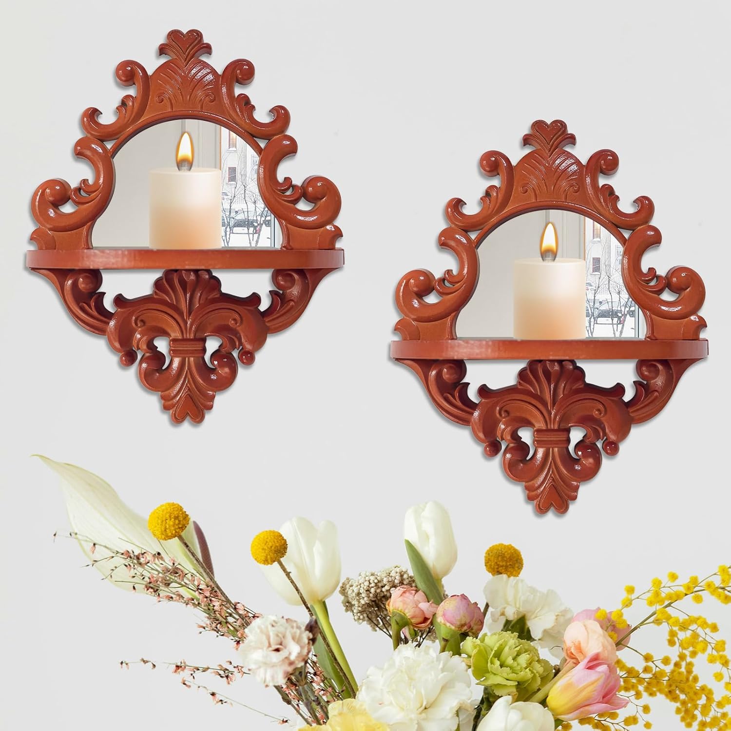 Three-Dimensional Relief Candle Sconces Set 2 Rustic Wall Mount Candle Holders Wood Hanging Wall Decor Mirrored Wall Art Hand Carved Home Decoration Gold