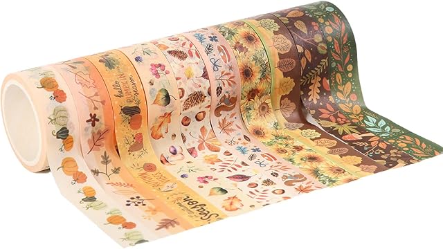 SAVITA Fall Washi Tape Set, 10 Rolls Leaf Floral Masking Tapes Vintage Washi Tape Rolls Autumn Decorative Masking Tapes for DIY Craft Scrapbooking Gift Wrapping
