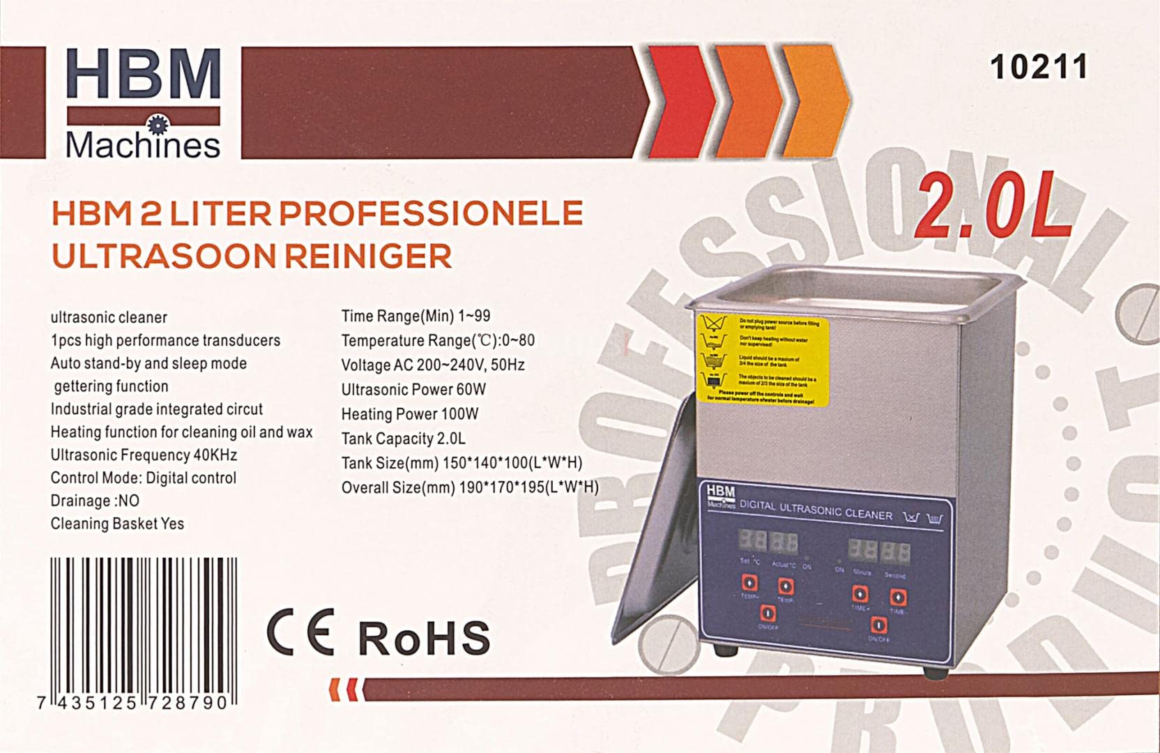 Detergente ad ultrasuoni professionale HBM da 2 litri