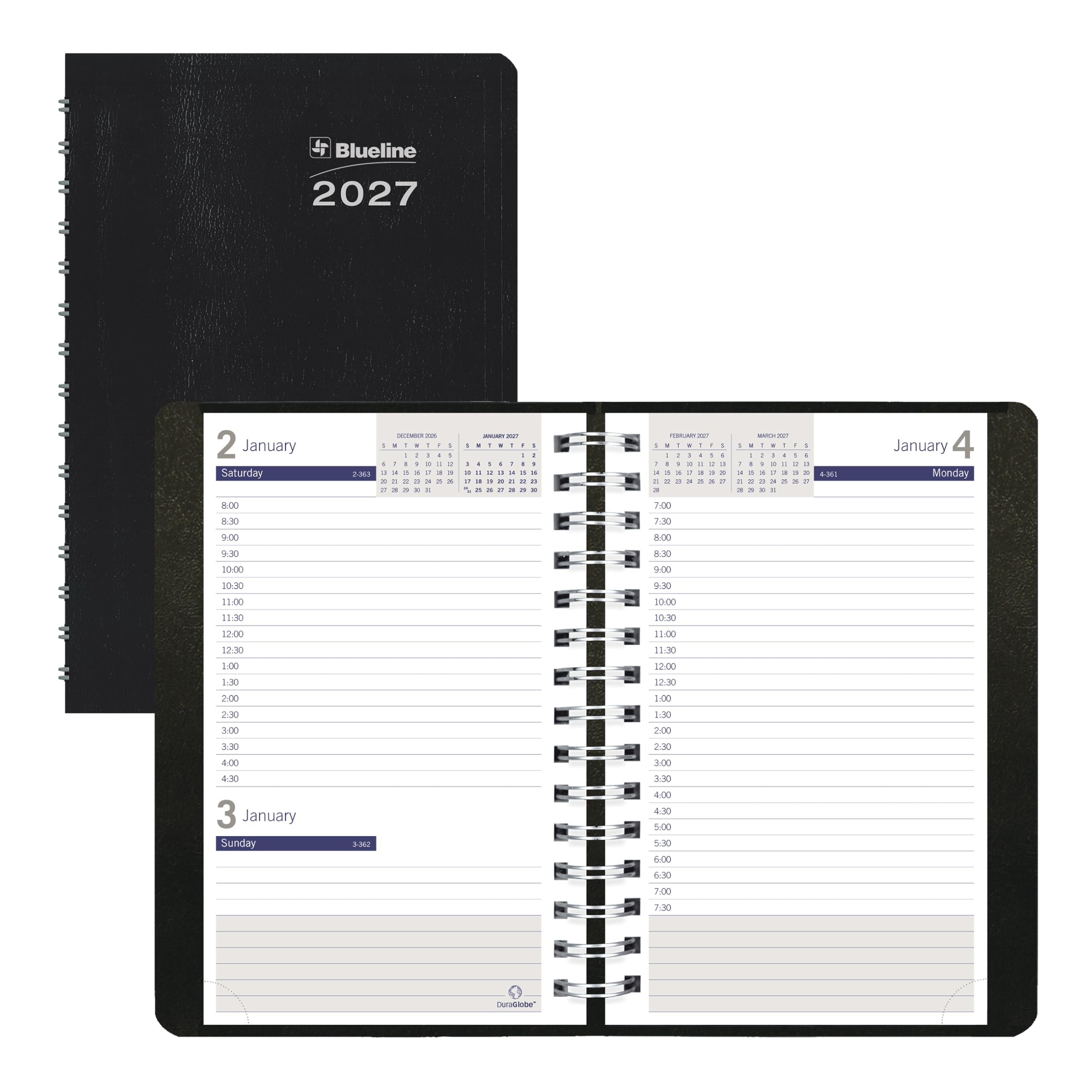 Blueline® DuraGlobe™ Agenda giornaliera, rilegatura a doppio filo, copertina morbida, carta in fibra di bambù, nero