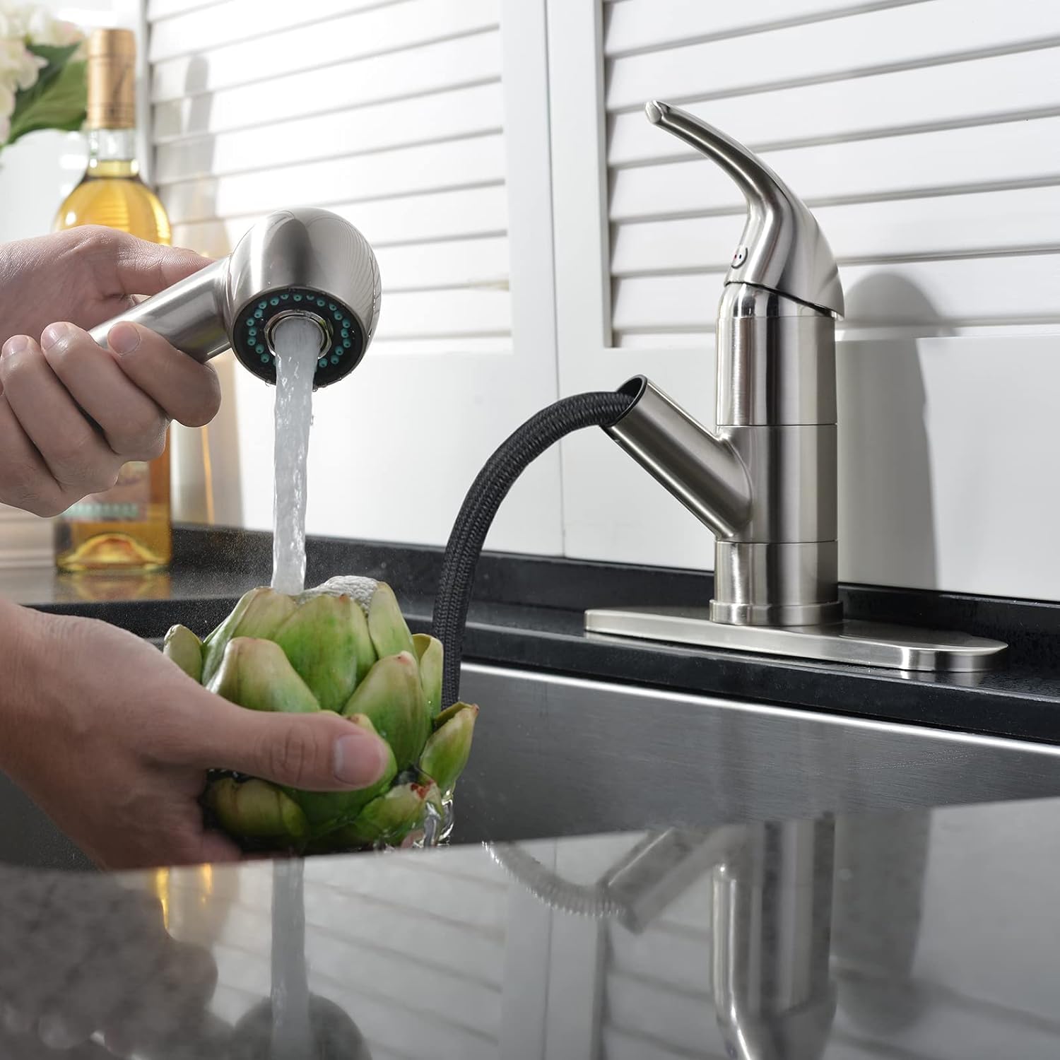 Pull Out Kitchen Faucet with Sprayer, Low Profile Stainless Steel Single Handle Brushed Nikcel Utility Laundry Sink Faucet 1 or 3 Hole Grifo De Cocina