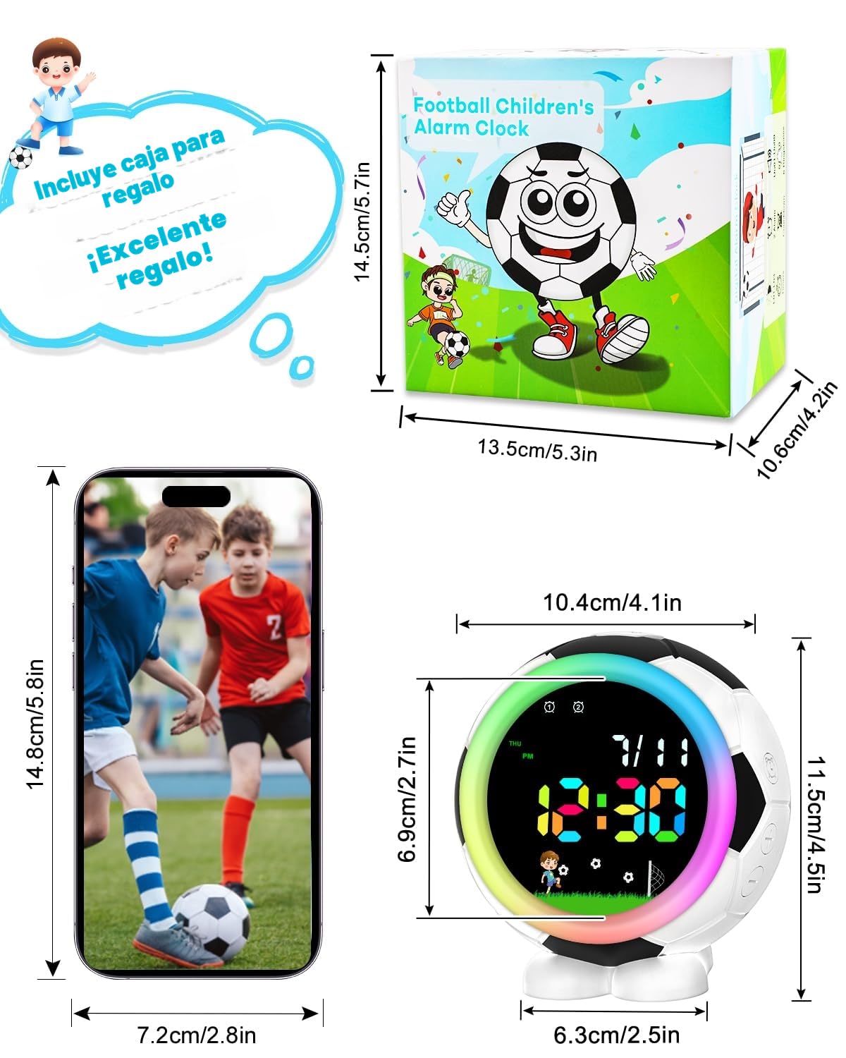 Fútbol Reloj Despertador Niño,Reloj Despertador Digital Infantil con Función Snooze, Luz Nocturna, 6 Tonos, Alarmas Dobles, Sistema 12/24 Horas