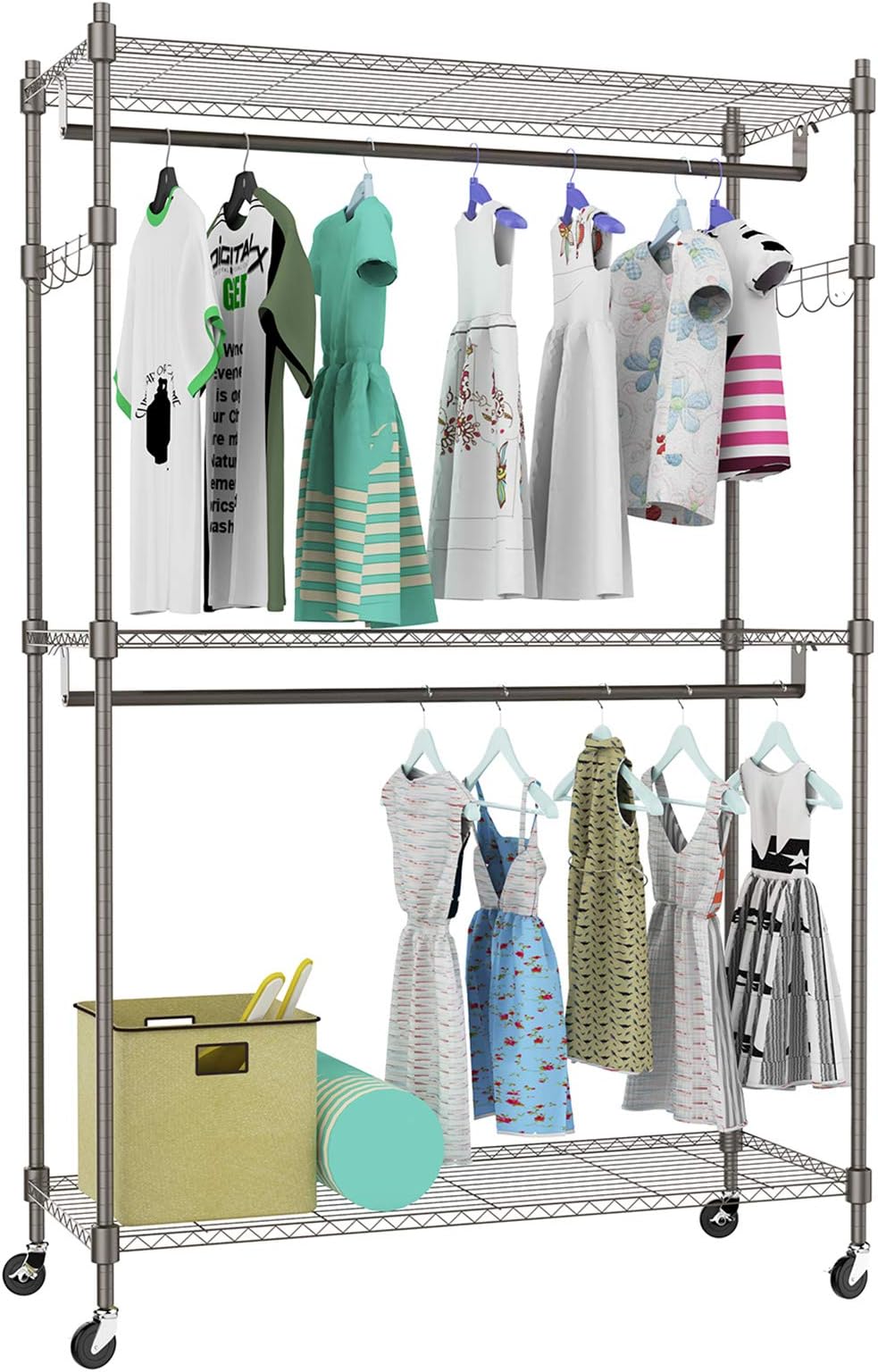 kemanner Heavy Duty Rolling Garment Rack 3-Tiers Wire Shelving W/ Double Rods & Lockable Wheels & 1 Pair Side Hooks - Hold Up to 400Lbs (Gray, 2Rod 2Hook)
