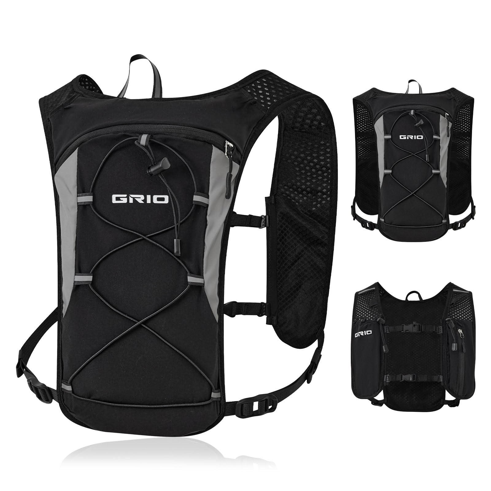 GRIO Laufweste Damen Herren mit 1,5L Trinkblase, Ultraleicht Verstellbar Reflektierend, Running Vest Trinkweste Laufen mit Handyfach, Laufrucksack Trinkrucksack für Wandern