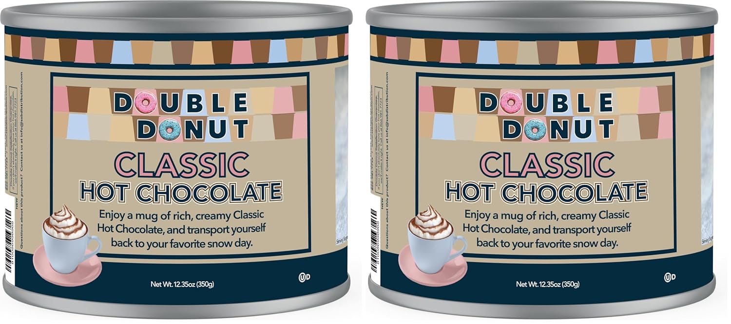 Double Donut Coffee Classic Bulk Hot Chocolate Mix, Rich Hot Cocoa 12 Ounce Canister, Hot Chocolate Powder (Pack of 2)