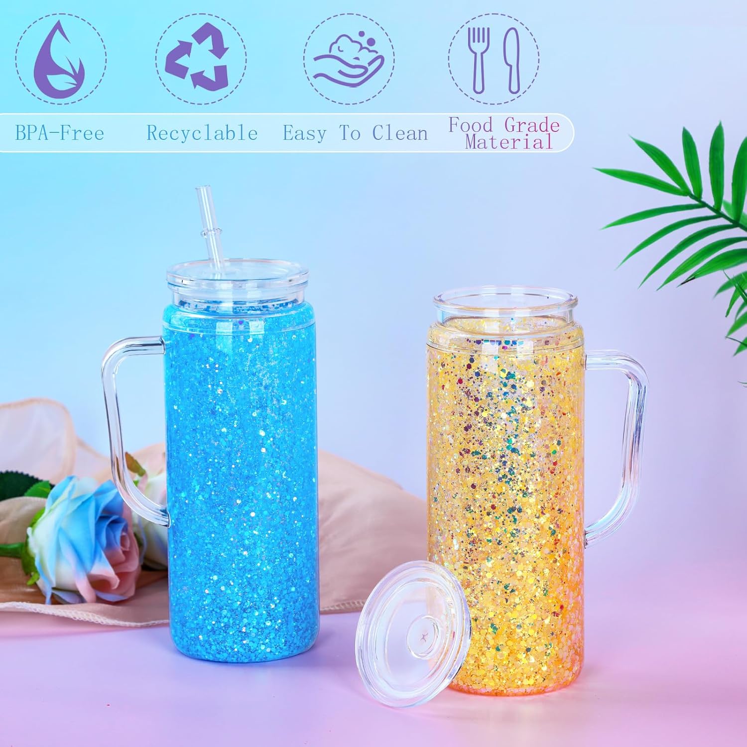 20 Oz Acrylic Snow Globe Tumbler Cup with Handle, Double Wall Plastic Snowglobe Tumbler with Pre-Drilled Hole and Plug for Glitter DIY, 8 Pack - Image 4