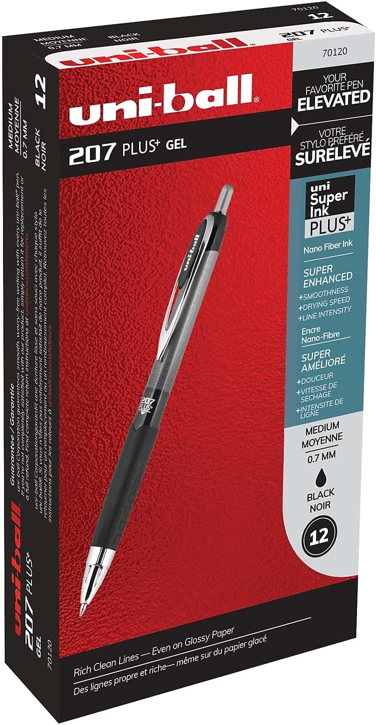 uni-ball 207 Plus+ Retractable Gel Pen 12 Pack in Black with 0.7mm Medium Point Pen Tips, Uni-Super Ink is Smooth, Vibrant, and Protects Against, Water, Fading, and Fraud