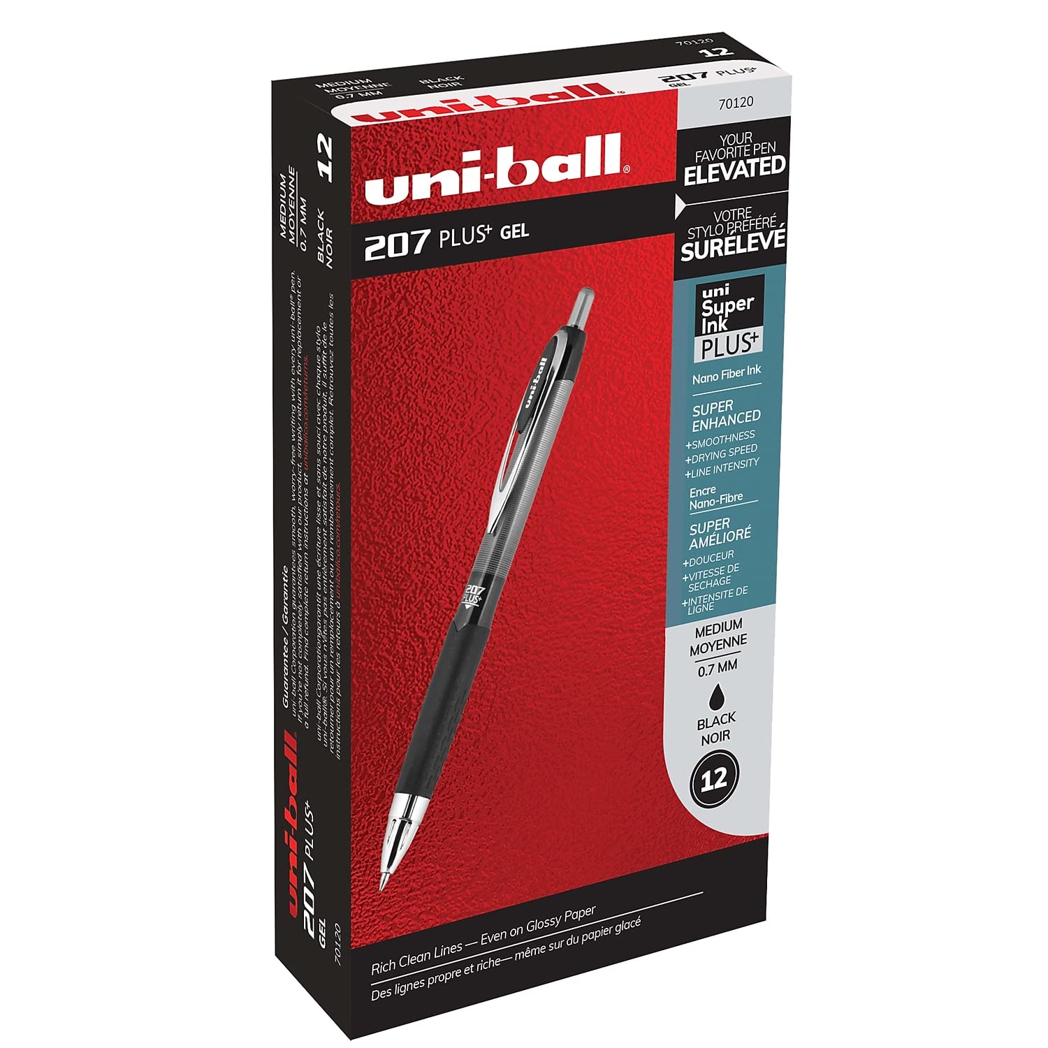 uni-ball 207 Plus+ - Penne gel retrattili, punta media (0,7 mm), nero, 12 pezzi