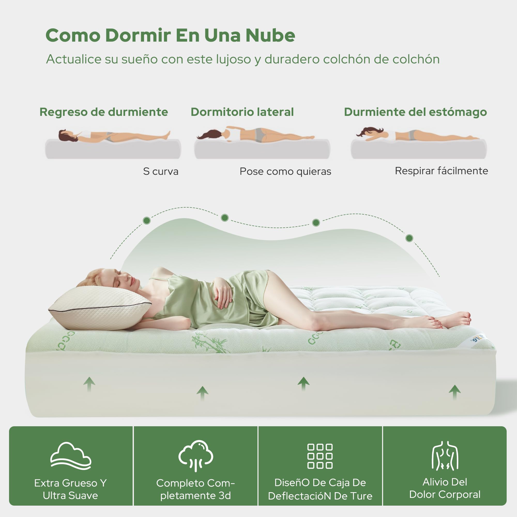 BEDLORE Sobrecolchón 160x200 cm, Topper Acolchado de Bambú Transpirable y Suave, Cubre Colchón con Faldón Elástico hasta 40 cm, Certificación Oeko-Tex, Verde