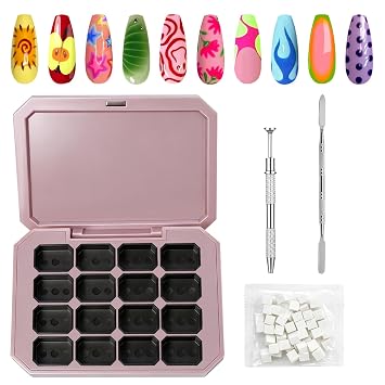 16 Grids Sponge Pat Paint Nail Gel Palette, Patting Ombre Gradient Gel Polish Organizer Box Travel Case with 50Pcs Nail Art Sponges Grabbing Pen Mixing Stick Tweezer, Pink
