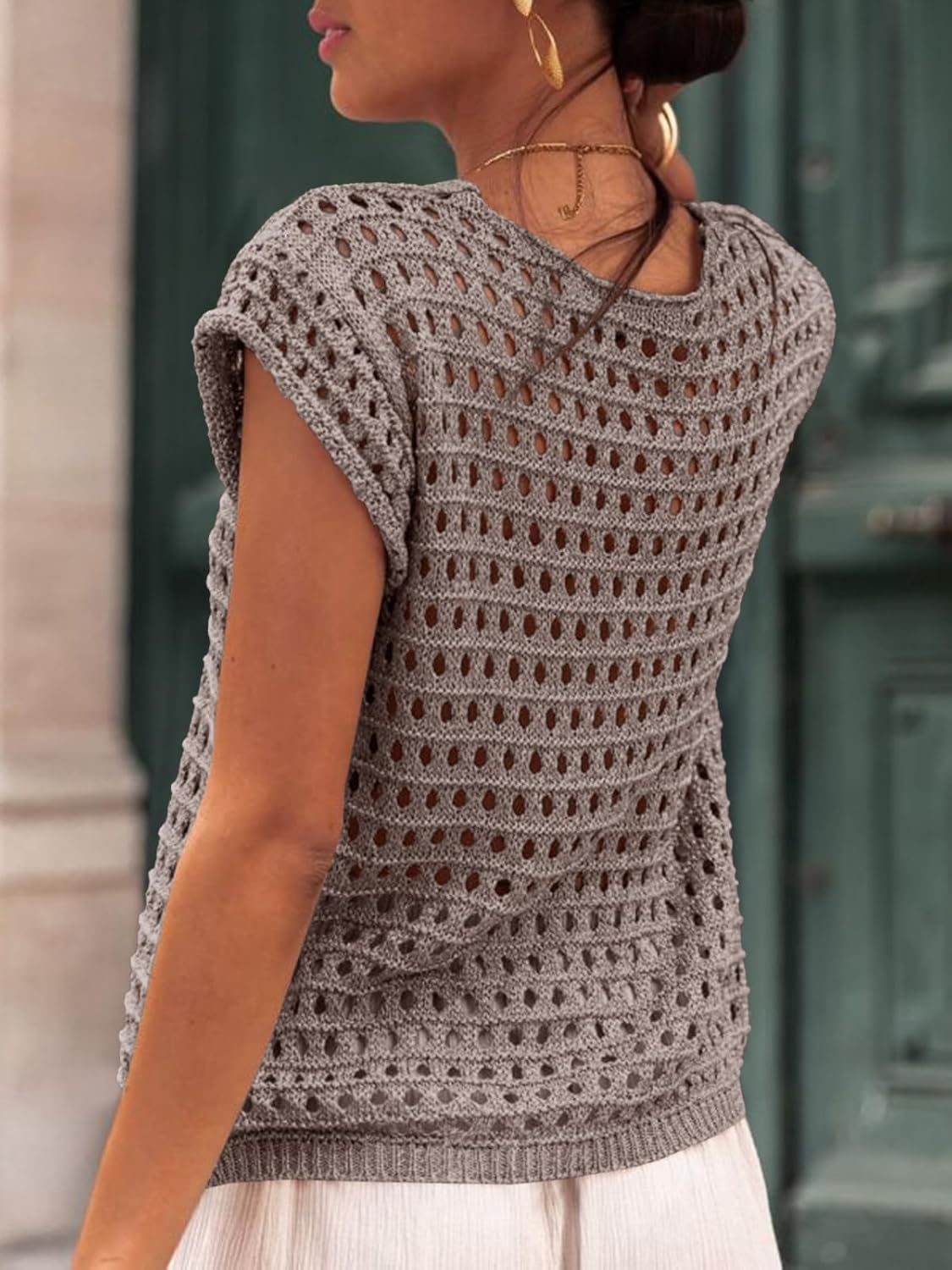 Saodimallsu Womens Tie Crochet Shrug Short Sleeve Open Front Lightweight Knit Cropped Cardigan Sweaters Cover Up - Image 3