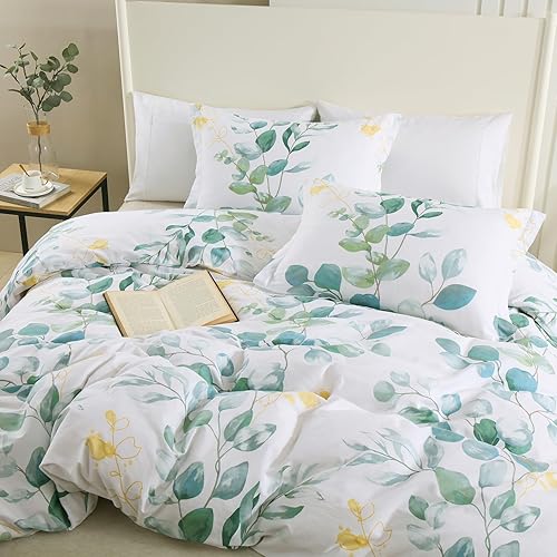 Funda de edredón floral tamaño Queen  Funda de edredón 100% algodón, juego de funda de edredón botánico de hojas azules y verde azulado degradado de