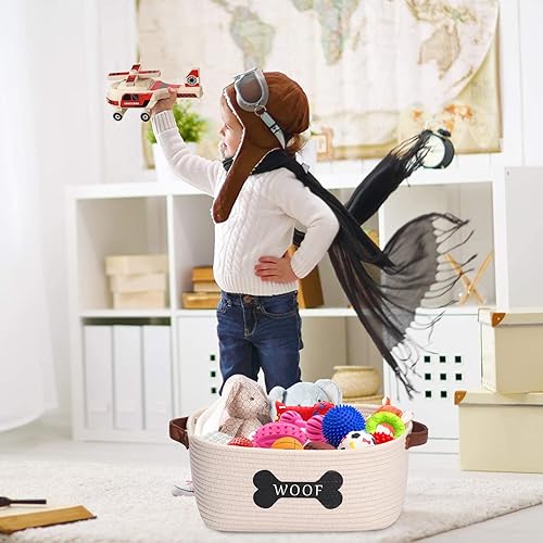 Miniatura 5 de Brabtod Cesta de almacenamiento de juguetes de cuerda de algodón para perros, tamaño mediano, contenedor de juguetes para perros con asa,