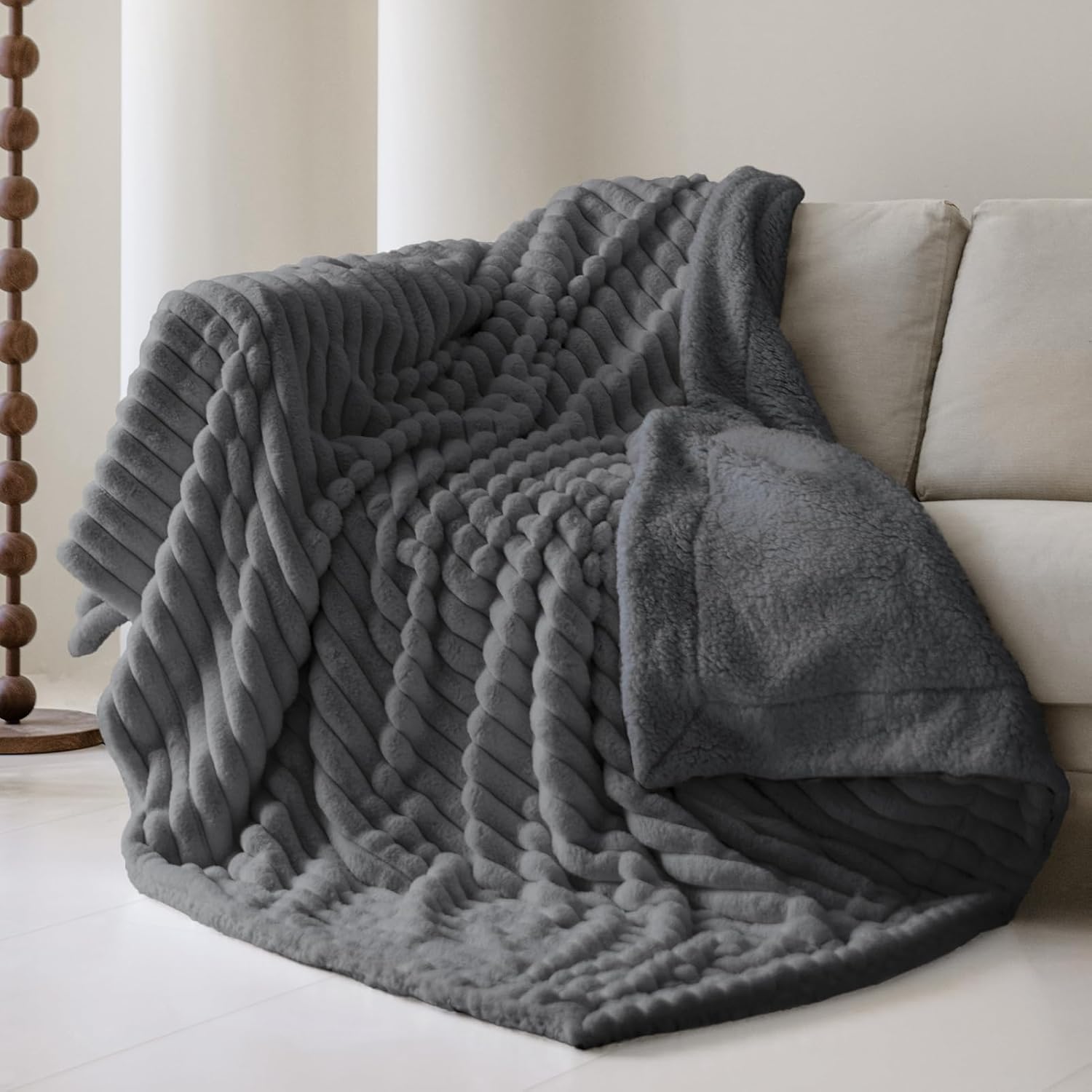 MOSAYT Throw Blanket for Couch or Bed, Super Soft Faux Rabbit Fur, Elegant Ruched Design, Grey Cozy Blanket (60x80 Inch)