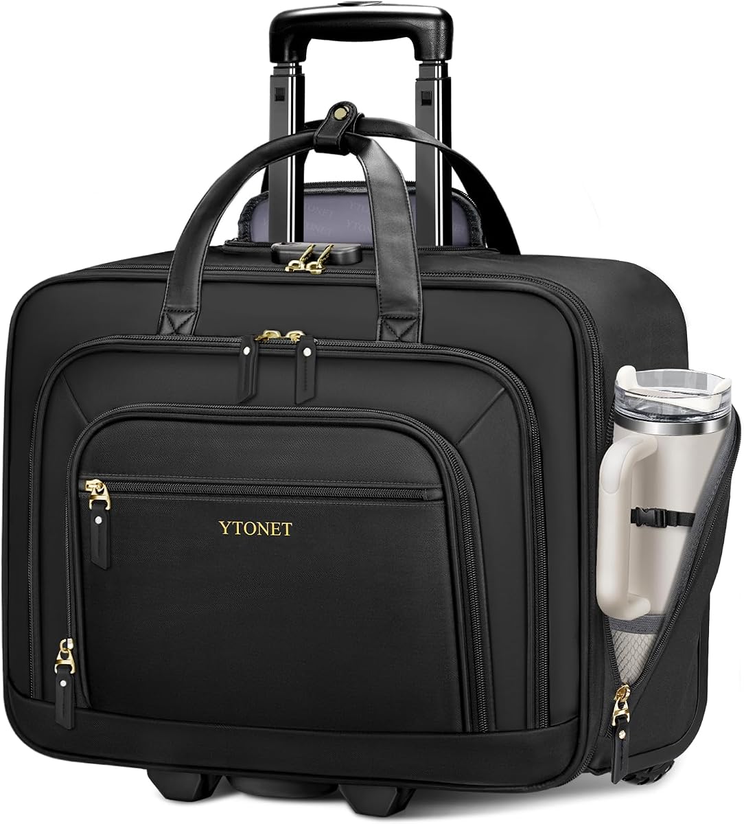 Rolling Laptop Bag Women, 17.3 Inch Laptop Briefcase with Large Cup Holder, Carry On Luggage with Insulated & Waterproof Pocket, Roller Bag with Lock, Teacher Bag for Work Travel,Black