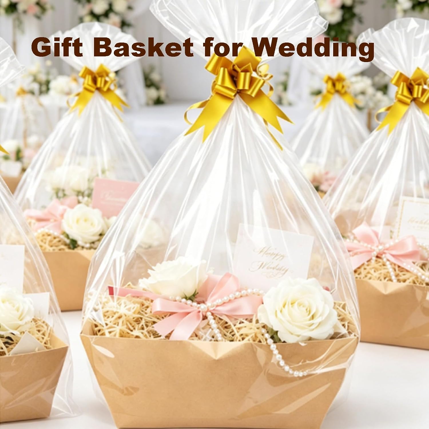Bantna 10 PCS Empty Gift Basket Kit with 500g Crinkle Paper Filler, Gold Bows & Clear Plastic Bags, Sturdy, Easy to Assemble, Ideal for Holiday, Birthday, Wedding & All Gifting Occasions