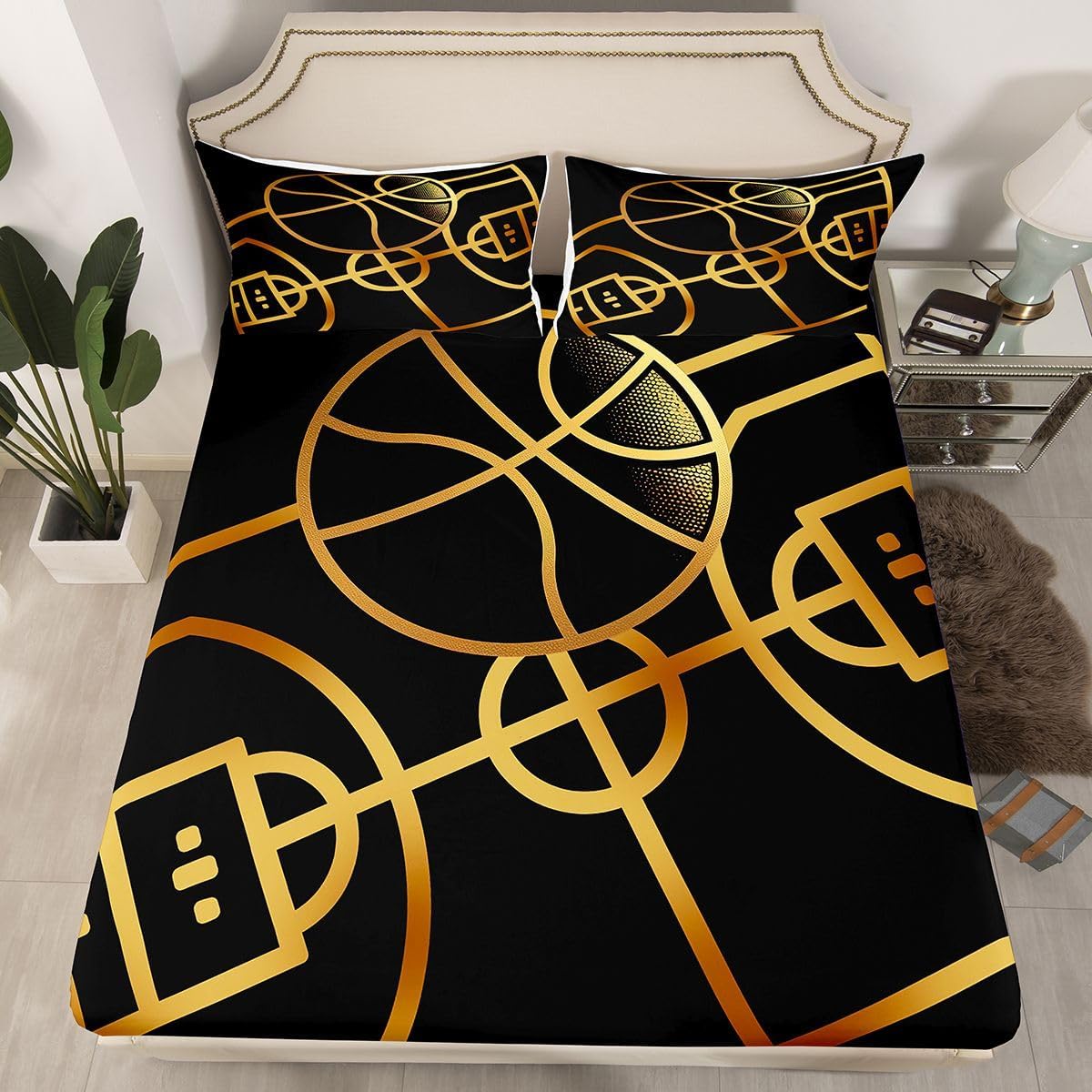 Basketball Fitted Sheet for Boys, Black Gold Bedding Set Queen, Black and Golden Basketball Court Design Bed Sheets for Kids Teens Adult Bedroom, Sports Games Sheets with 2 Pillow Cases
