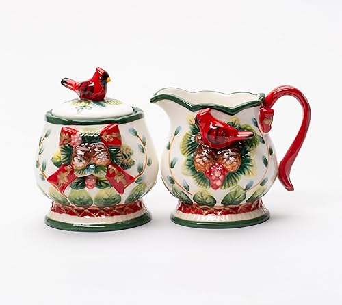 Miniatura 4 de 10555DB Colección Evergreen de Cerámica Fina Rojo Cardenal con Cono de Pino Azúcar y Crema, 4 1/8" H