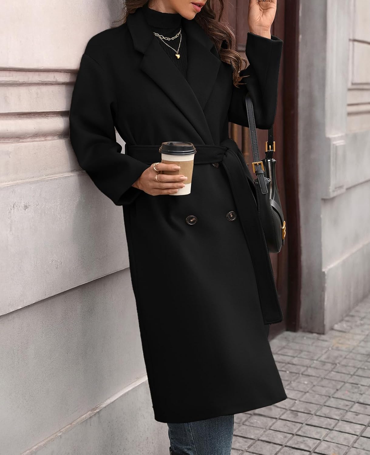 WOWULOVELY Women's Winter Double Breasted Wool Coat Long Sleeve Notched Collar Trench Long Oversized Button Down Overcoats - Image 2