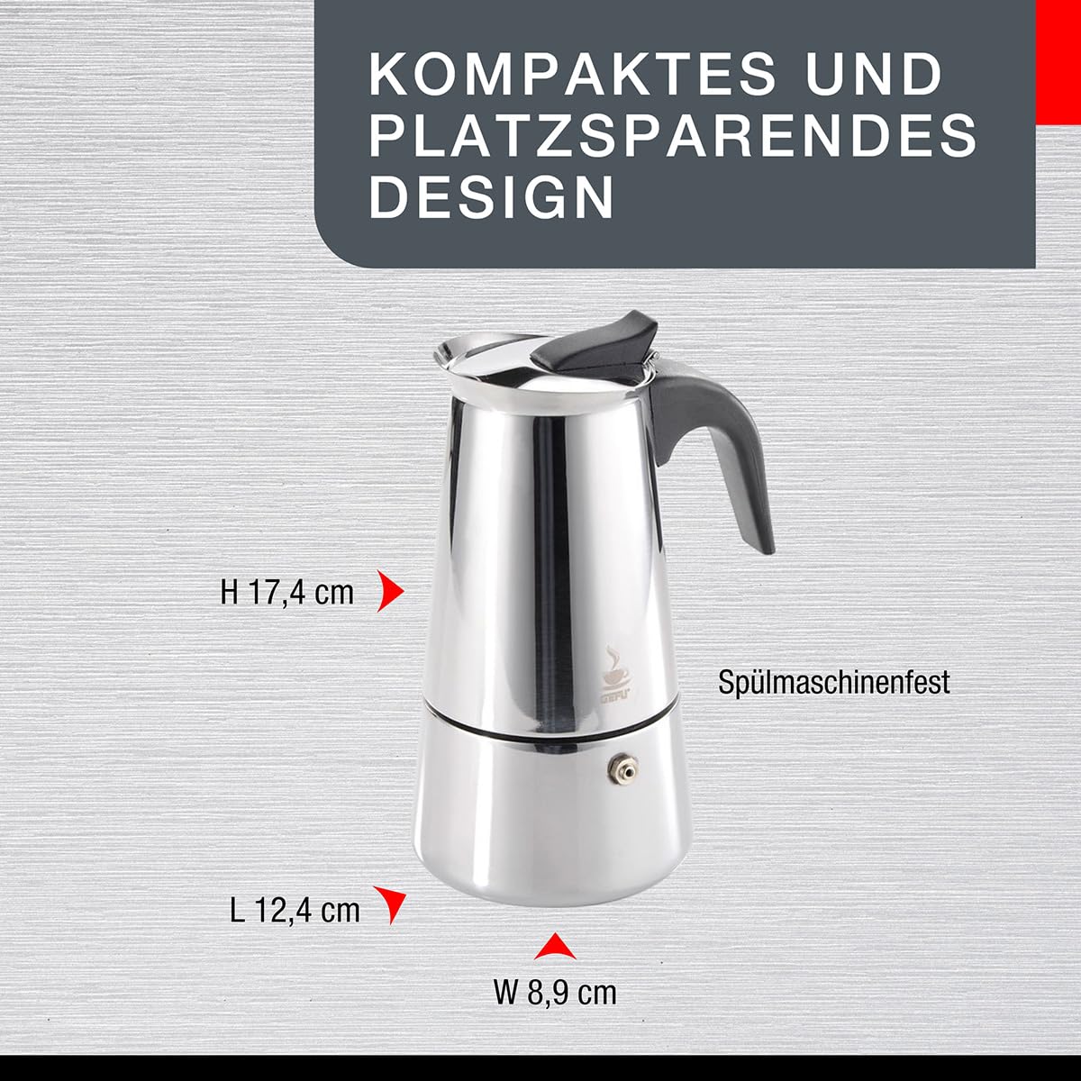 GEFU GE16150 Emilio Cafetière Italienne avec 4 Tasses Acier Inoxydable Inox 11,5 x 9,4 x 18,2 cm