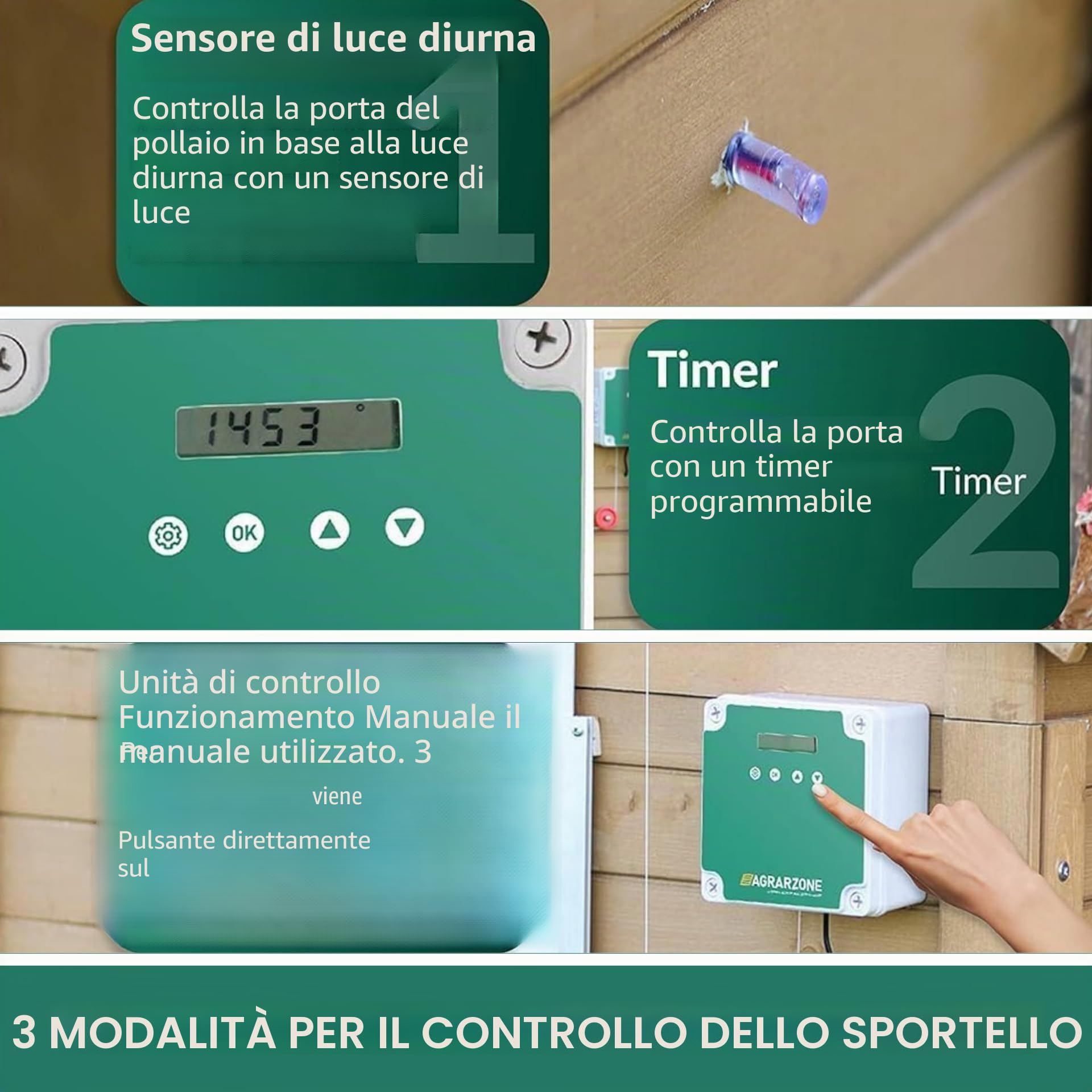Agrarzone Porta automatica per pollaio 43 x 40 cm - Triplo controllo: timer, sensore luce o manuale - Design robusto e sicuro con arresto di emergenza