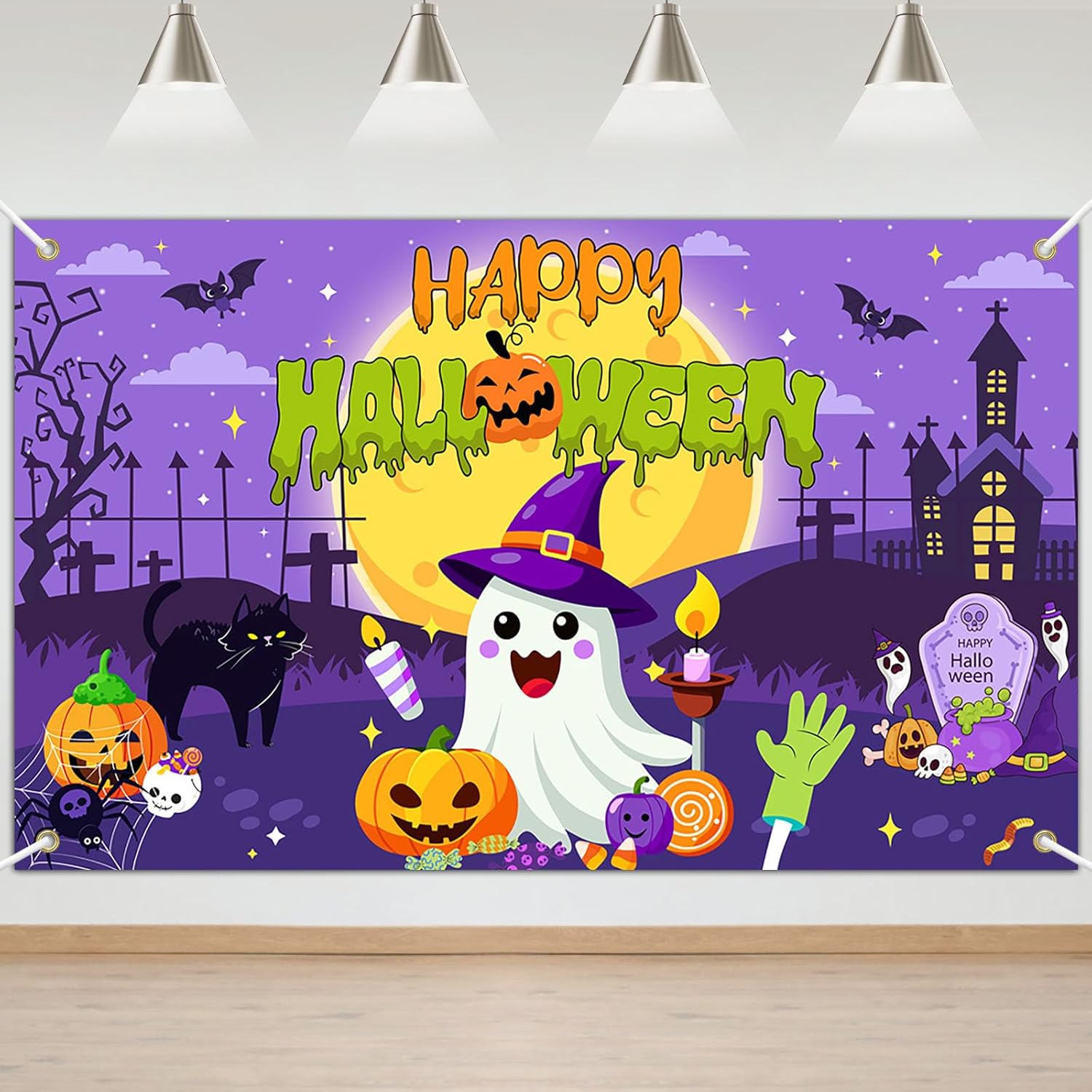 Avezano Happy Halloween Banner Purple Spooky Pumpkin Halloween Party Decorations for Kids Spooky Ghost Theme Trick or Treat Party Supplies (10 x 7 ft)