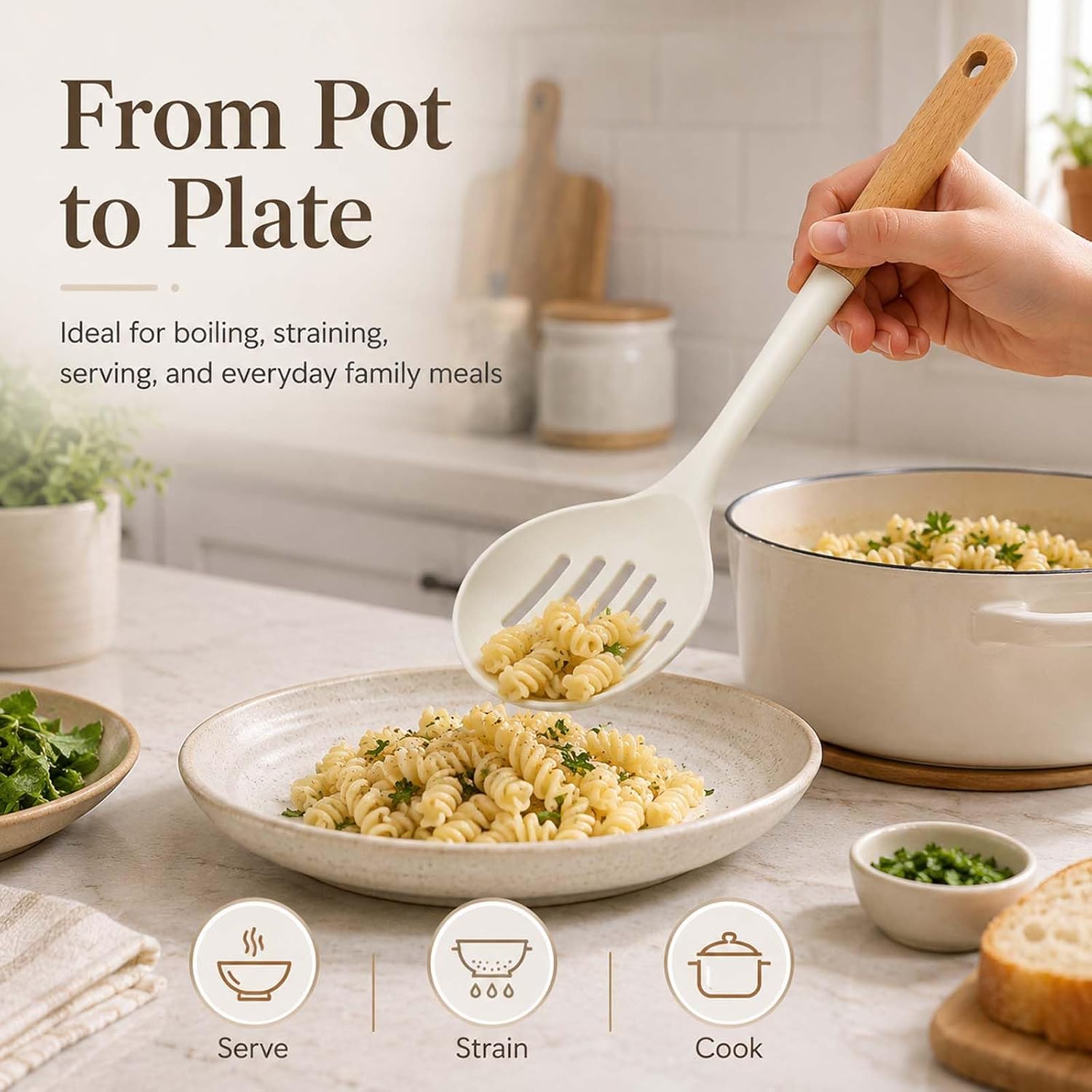Slotted Spoon for Nonstick Cookware, Food-Grade Silicone, Drains Fast