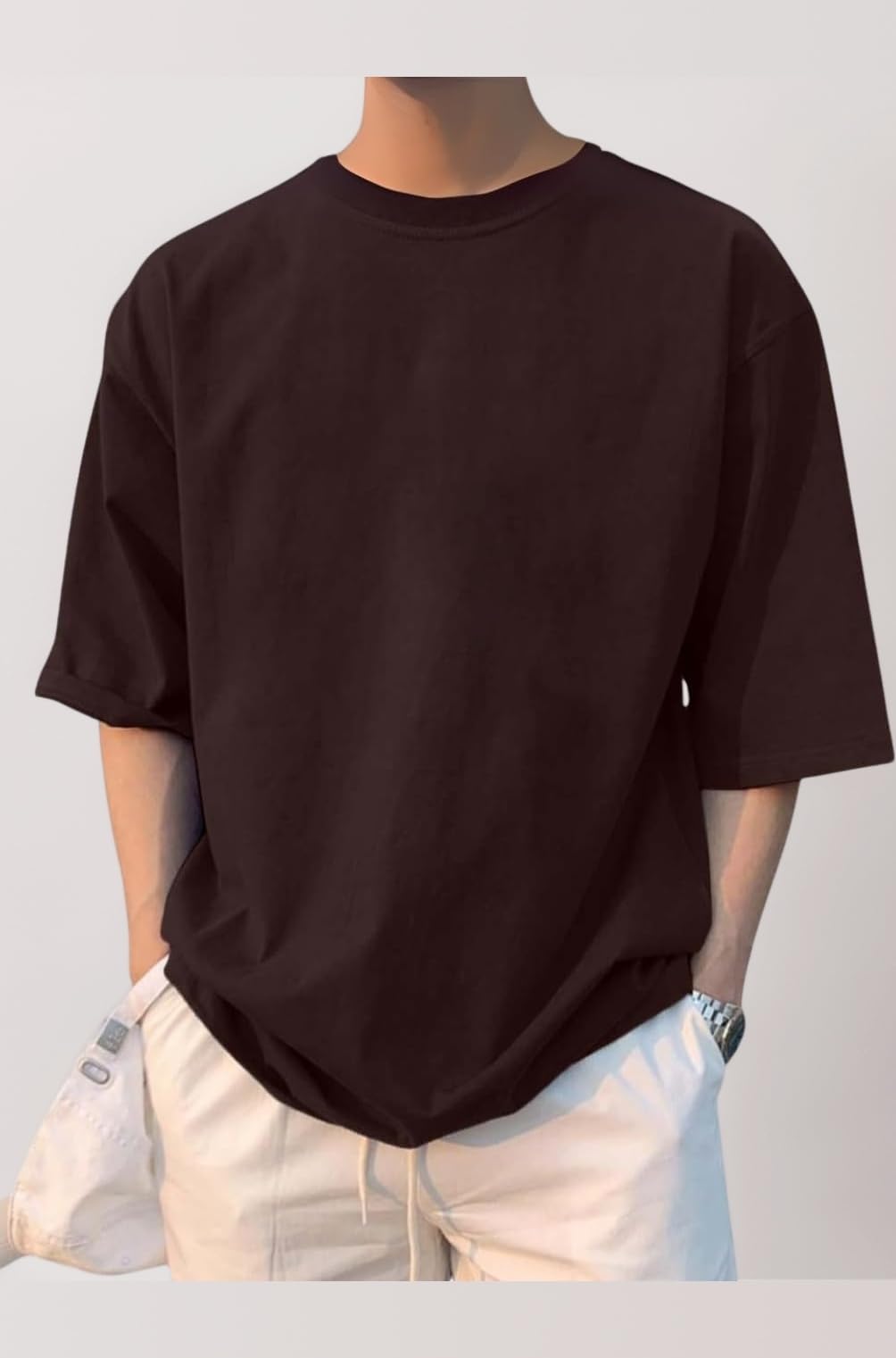 Half Sleeve Oversized Tshirt for Men, Round Neck Cottonblend Drop Shoulder Solid T-Shirt