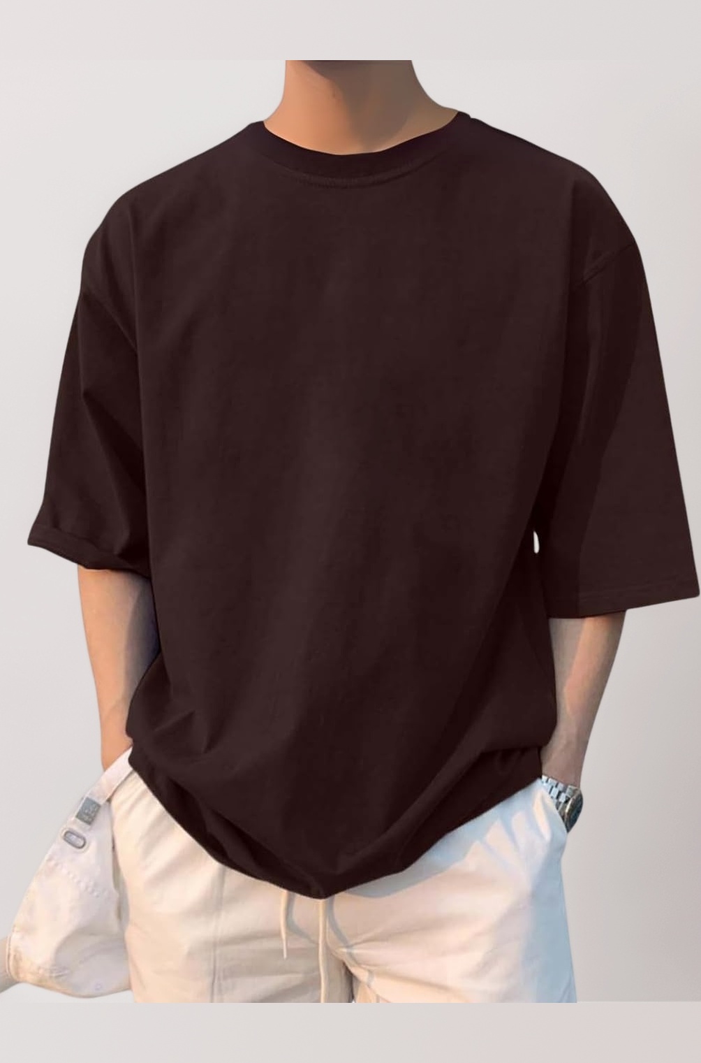 Half Sleeve Oversized Tshirt for Men, Round Neck Cottonblend Drop Shoulder Solid T-Shirt