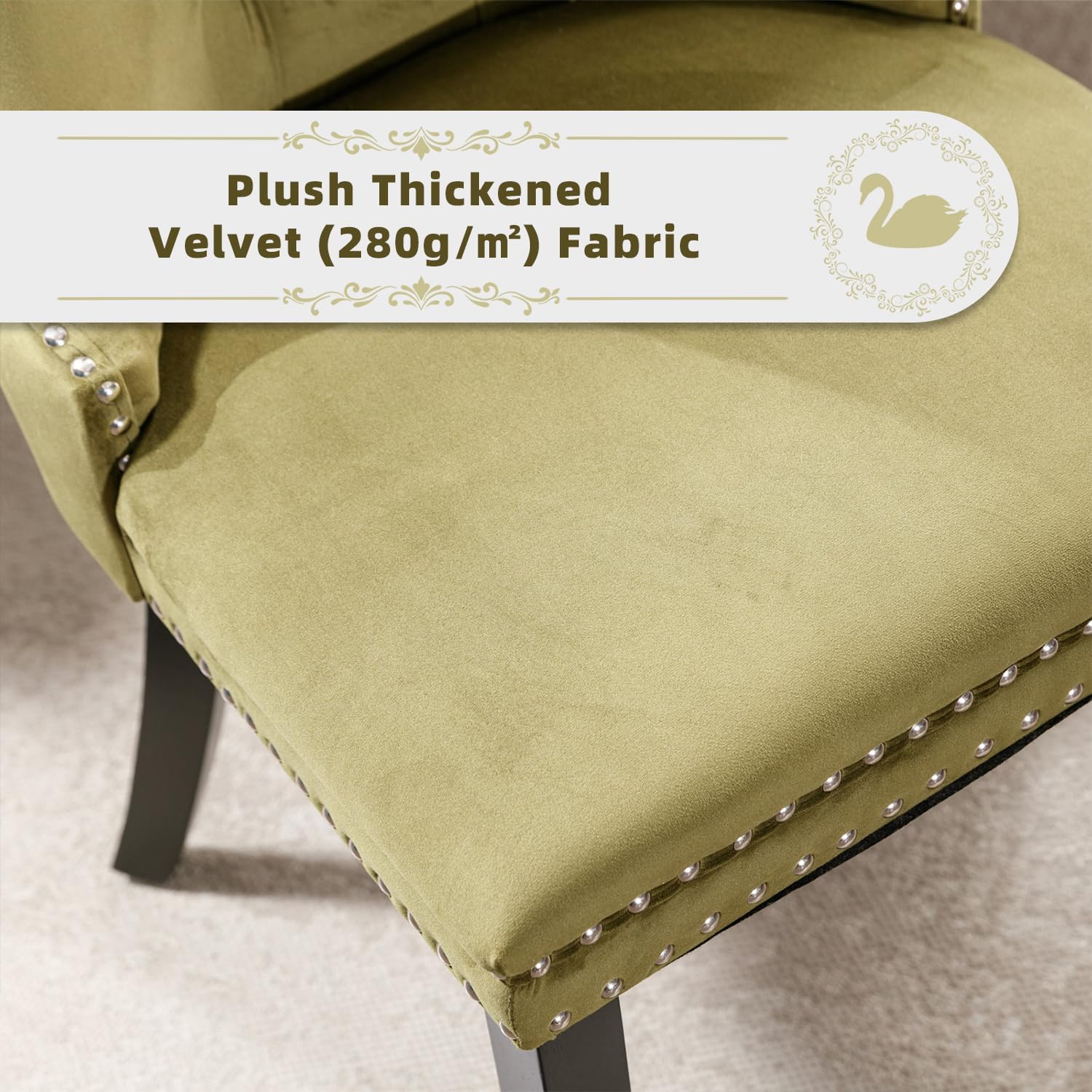 Velvet Upholstered Dining Chairs Set of 2, Modern Style Kitchen Side Chairs with Nailhead Trim and Wood Legs,Metal Pulling Ring for Dining Room Living Room(Olive Green,Set of 2)