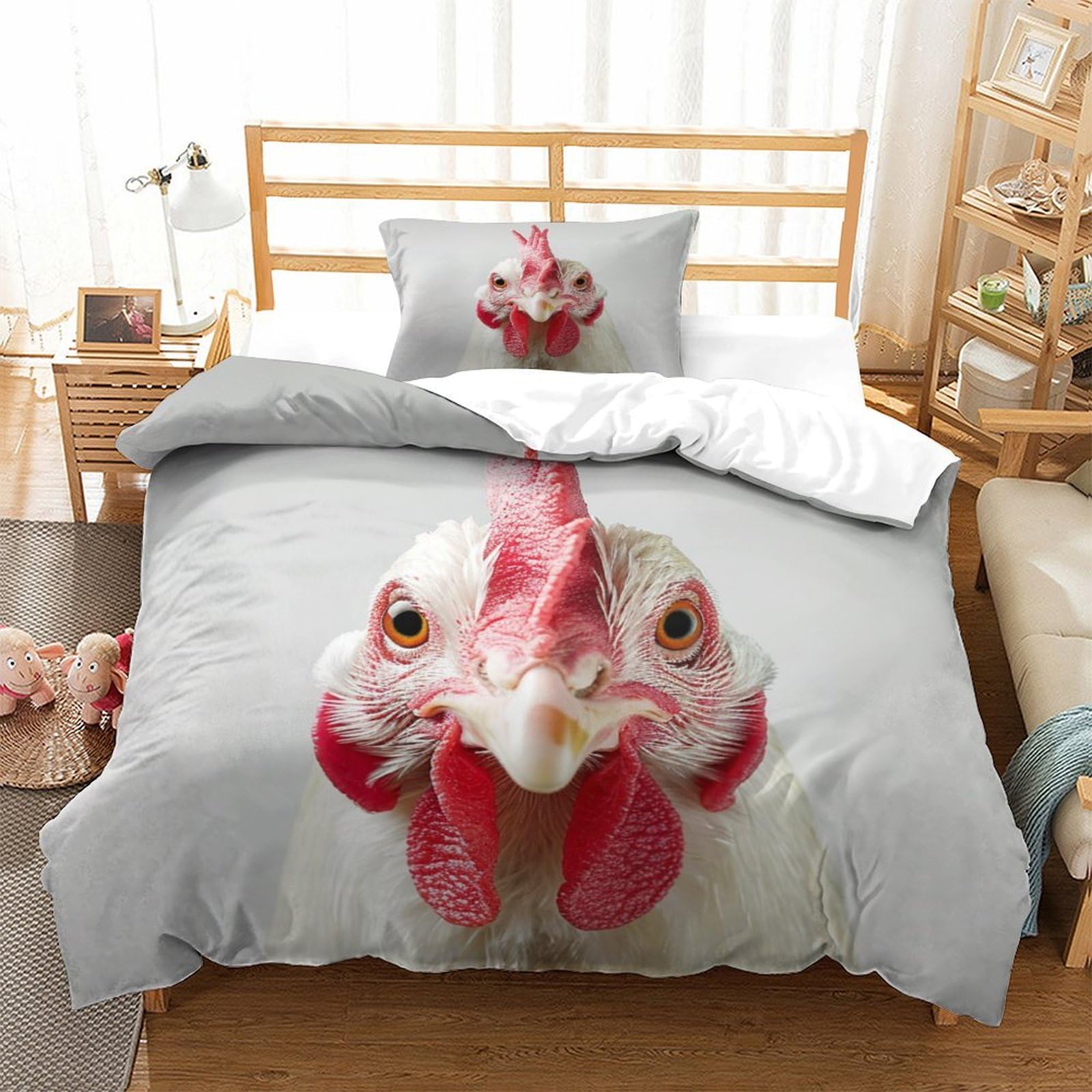 P1S9U7W5Y Vivid Animal 3D Printed Chicken Duvet Cover Set 3pcs Microfiber Chicken Bedding Set Single（135x200cm）
