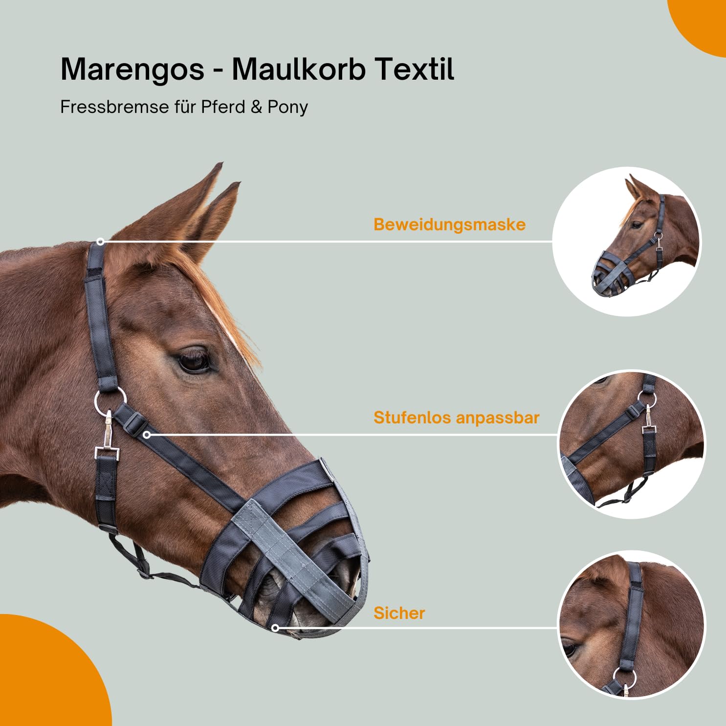 Marengos - Maulkorb Textil – Fressbremse Pferd & Pony – zur Kontrolle von Grasverzehr & bei Krankheit – gefüttert & stufenlos einstellbar – Schwarz/Grau für Shetty, Pony, Voll- & Warmblut
