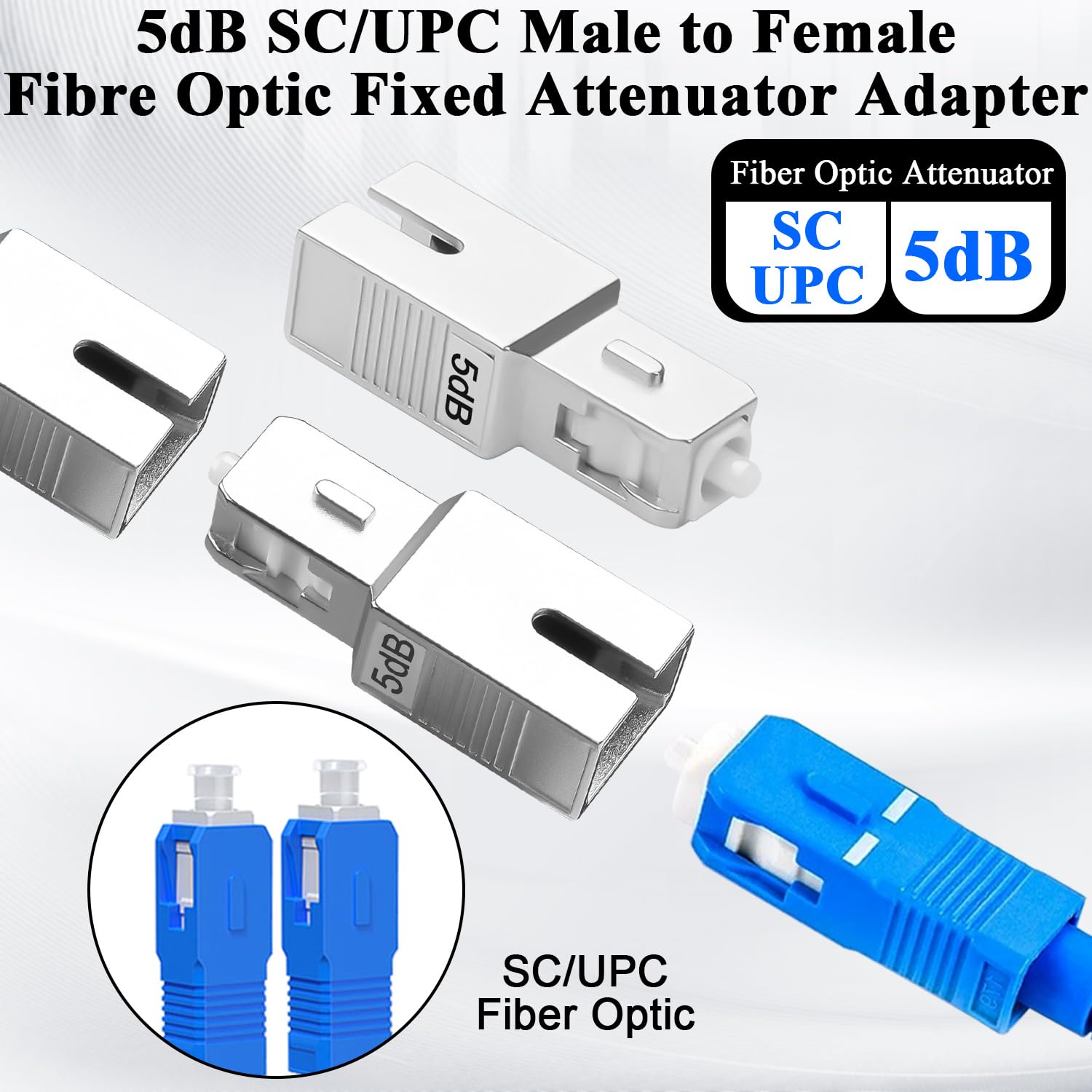 QIANRENON SC/UPC Attenuatore fisso in fibra ottica connettore 5dB SC maschio a femmina Singlemode Fibre Ottiche Fixed Attenuator Adattatore, Valore di attenuazione 5dB ± 0,5, per reti in fibra ottica