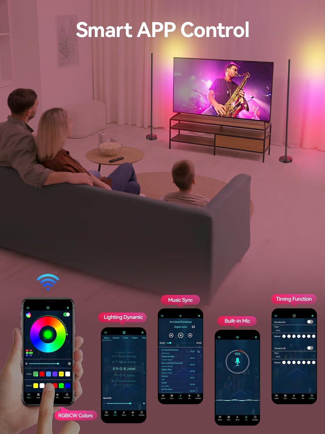 Smart RGBICW LED Corner Floor Lamp - 16 Million DIY Colors, 68  Scenes, Music Sync, App & Remote Control, Color-Changing Ambient Lighting for Living Rooms, Bedrooms, and Gaming Rooms