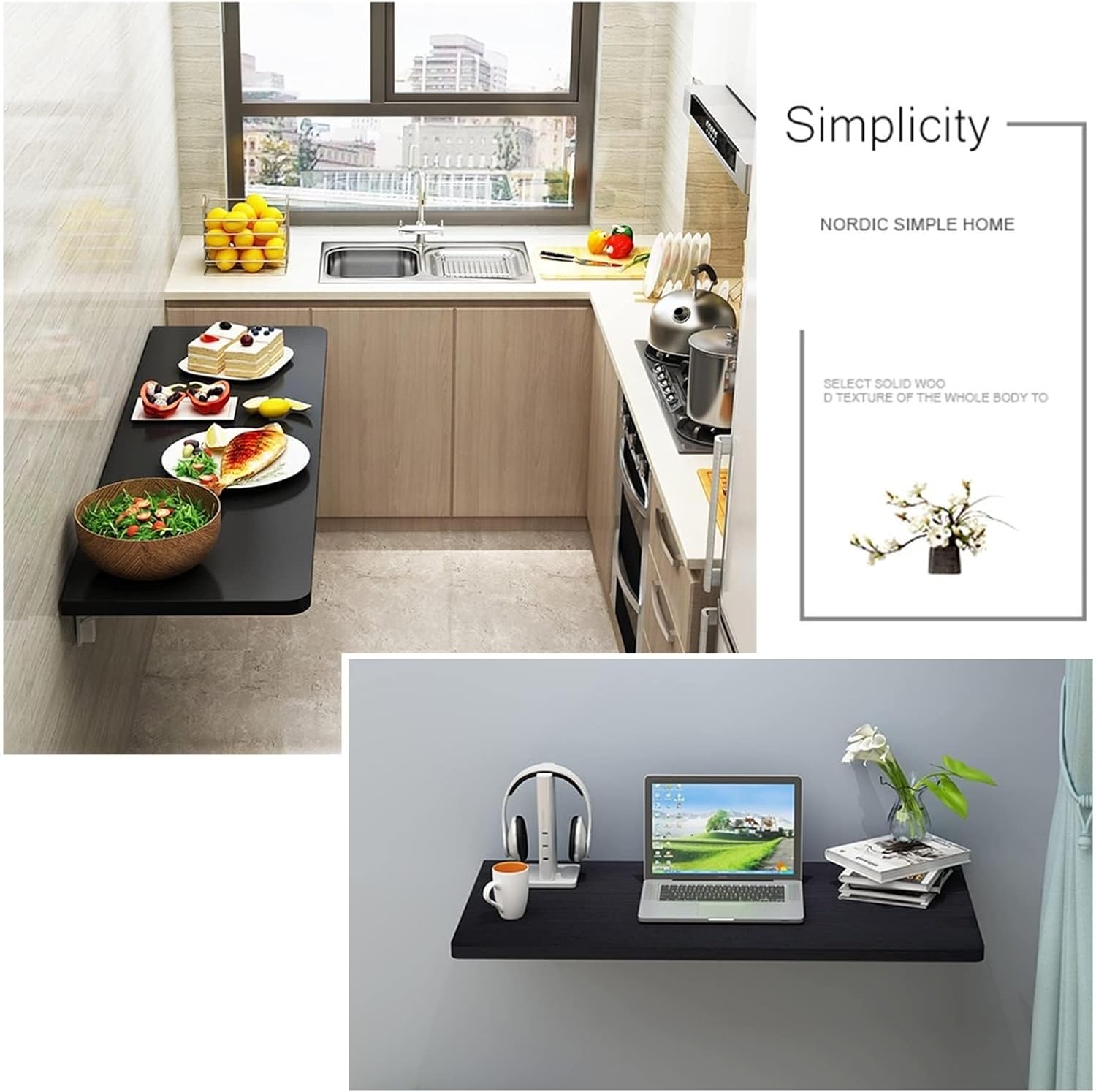 Breakfast Bar Table, Wall Mounted Folding Table - Small Space Saving Drop Leaf Dining Work Table for Kitchen or Home Office - Compact Fold-Down Hanging Table(B,60 * 40cm)