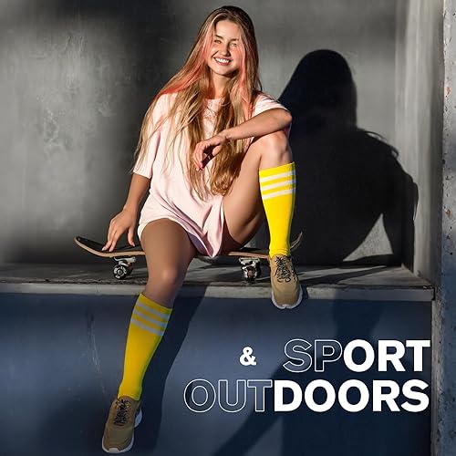 Miniatura 5 de Komorebi Calcetines altos hasta la rodilla para mujer, a rayas, atléticos, para deportes al aire libre, medias altas hasta el muslo