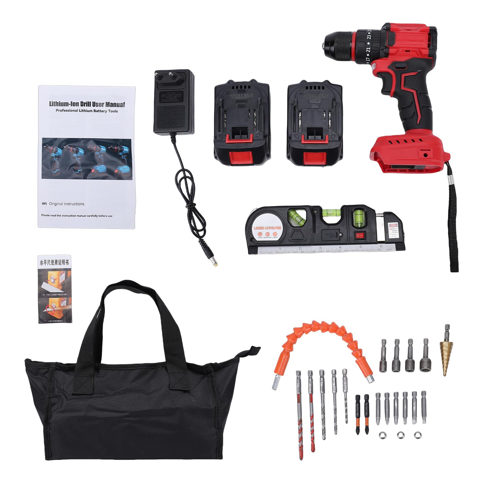 Fabater Kit Avvitatore a Percussione, Set di Utensili Elettrici per Trapano Avvitatore a Batteria da 1450 Giri/min con 2 Batterie e Caricabatterie, Punte Multiple, Livella a Bolla (EU)