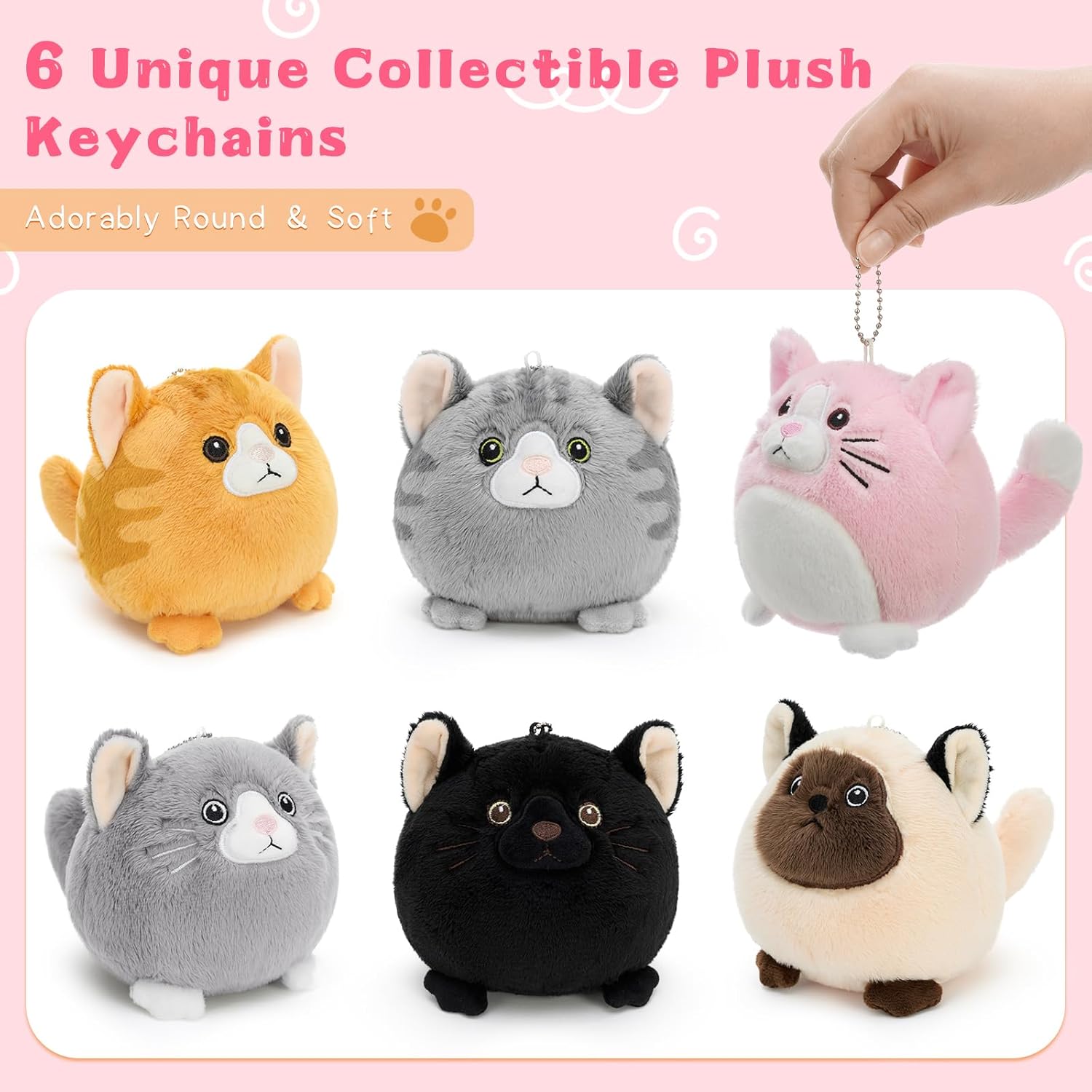 Muiteiur 6Pcs Cat Stuffed Animal Keychain Set, 3.94 Inch Adorable Plush Cats with Clip, Small Stuffed Animal Gift for Cat Lovers