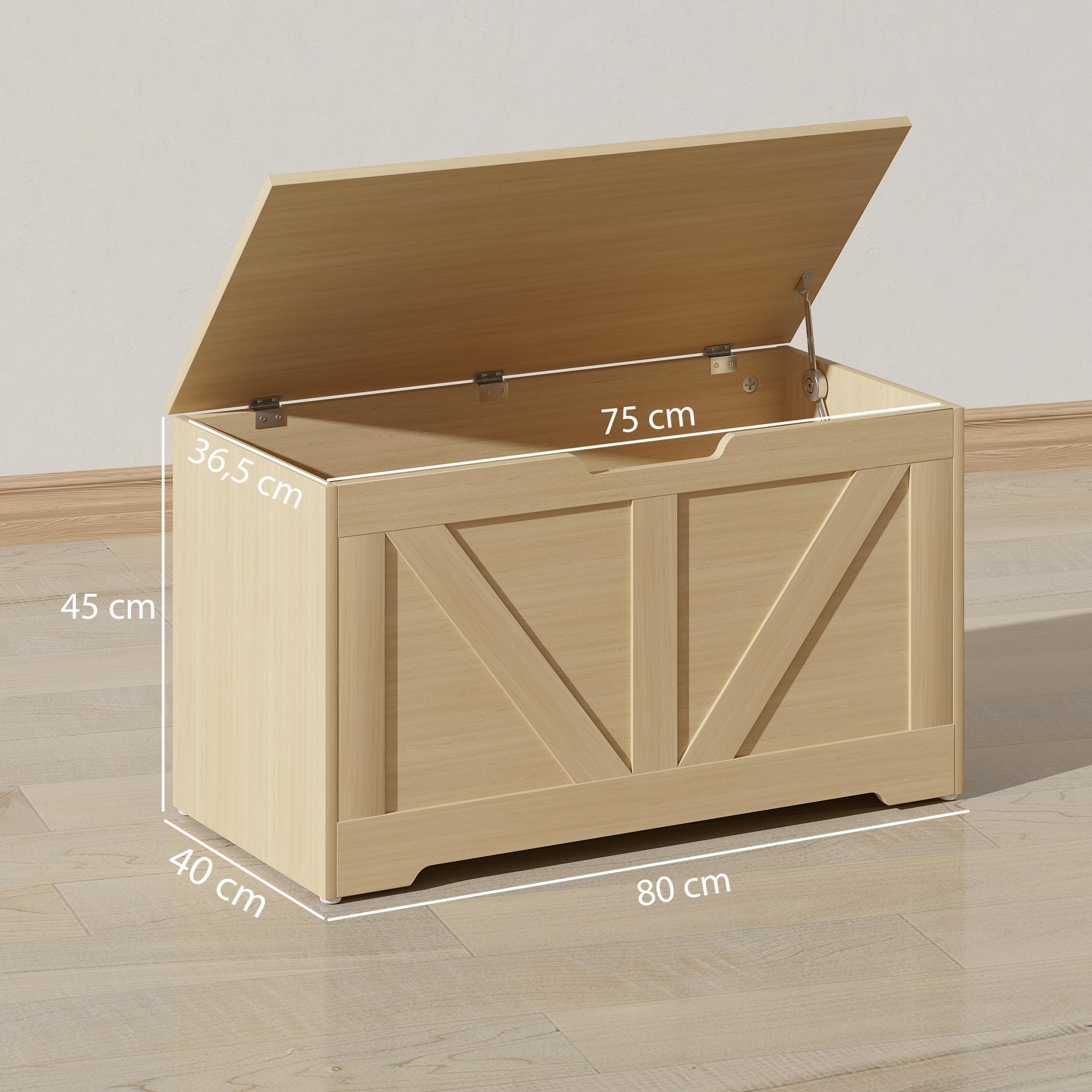 HOMCOM 100L Baúl con bisagra de Seguridad 80x40x45 cm Madera Natural | Baúl zapatero, tirador en U, caja para mantas, recibidor dormitorio sala de estar entrada